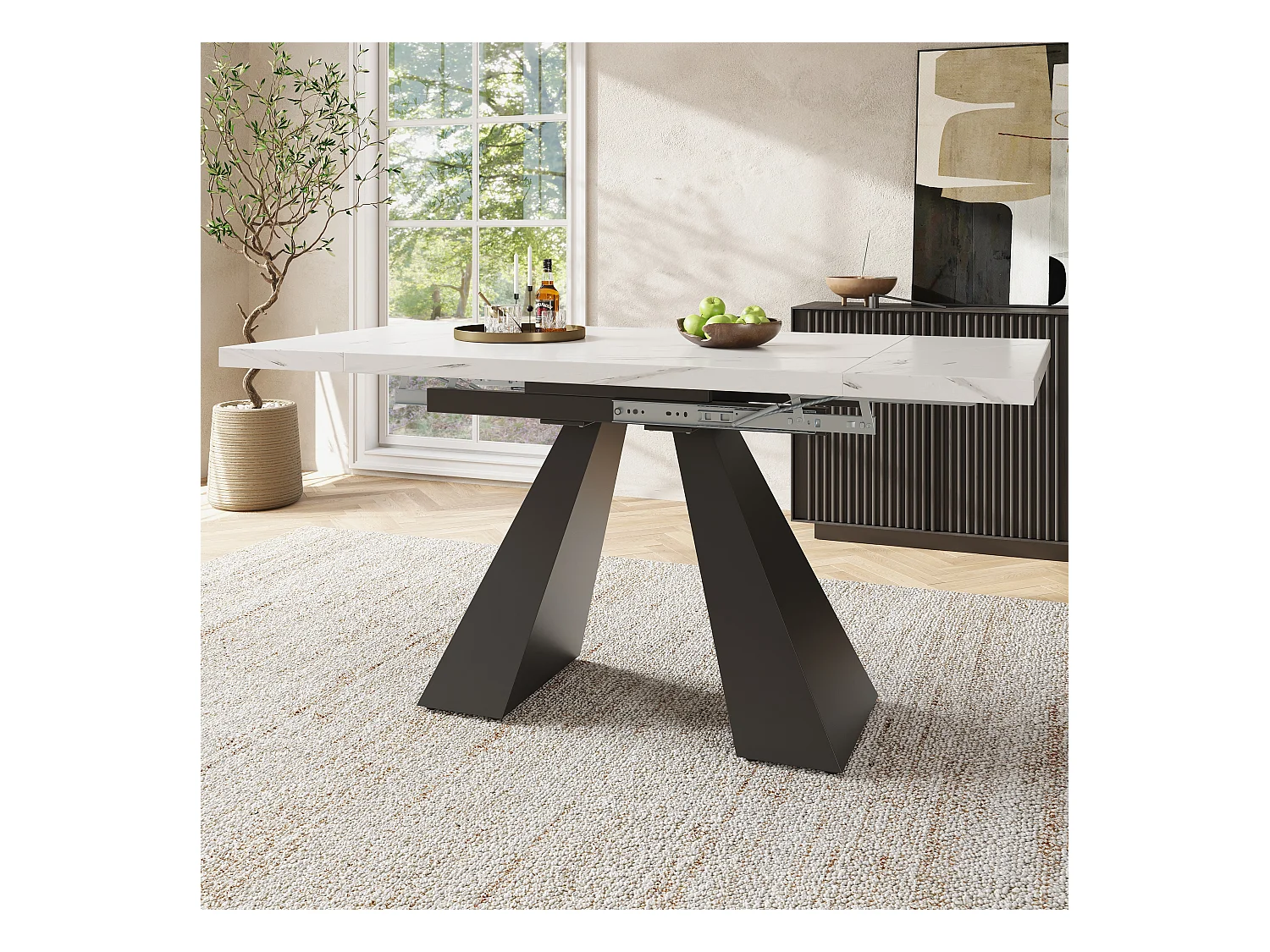 URBAN MEUBLE Table de salle à manger extensible système coulissant effet marbre blanc avec pieds en colonne 99-159cm