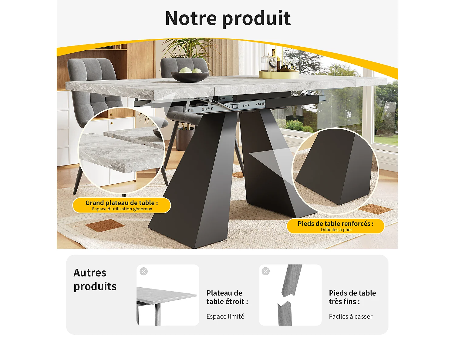 URBAN MEUBLE Table de salle à manger extensible système coulissant effet ciment gris avec pieds en colonne 99-159cm
