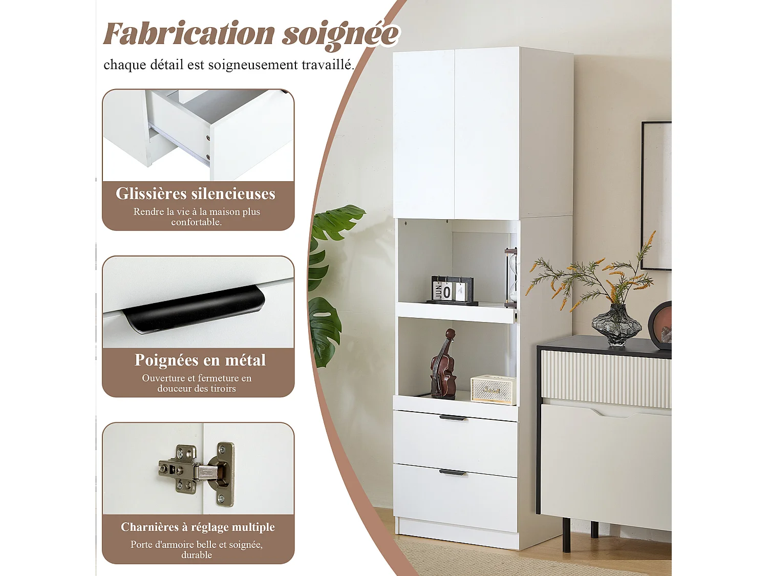 URBAN MEUBLE Armoires de cuisine blanc 2 portes 2 tiroirs 2 autoportantes coulissants 59*45*200cm
