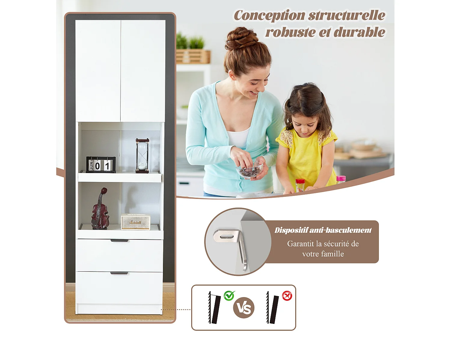 URBAN MEUBLE Armoires de cuisine blanc 2 portes 2 tiroirs 2 autoportantes coulissants 59*45*200cm