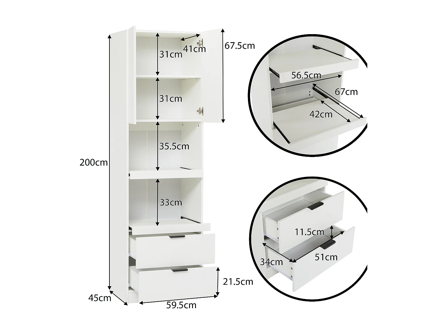 URBAN MEUBLE Armoires de cuisine blanc 2 portes 2 tiroirs 2 autoportantes coulissants 59*45*200cm
