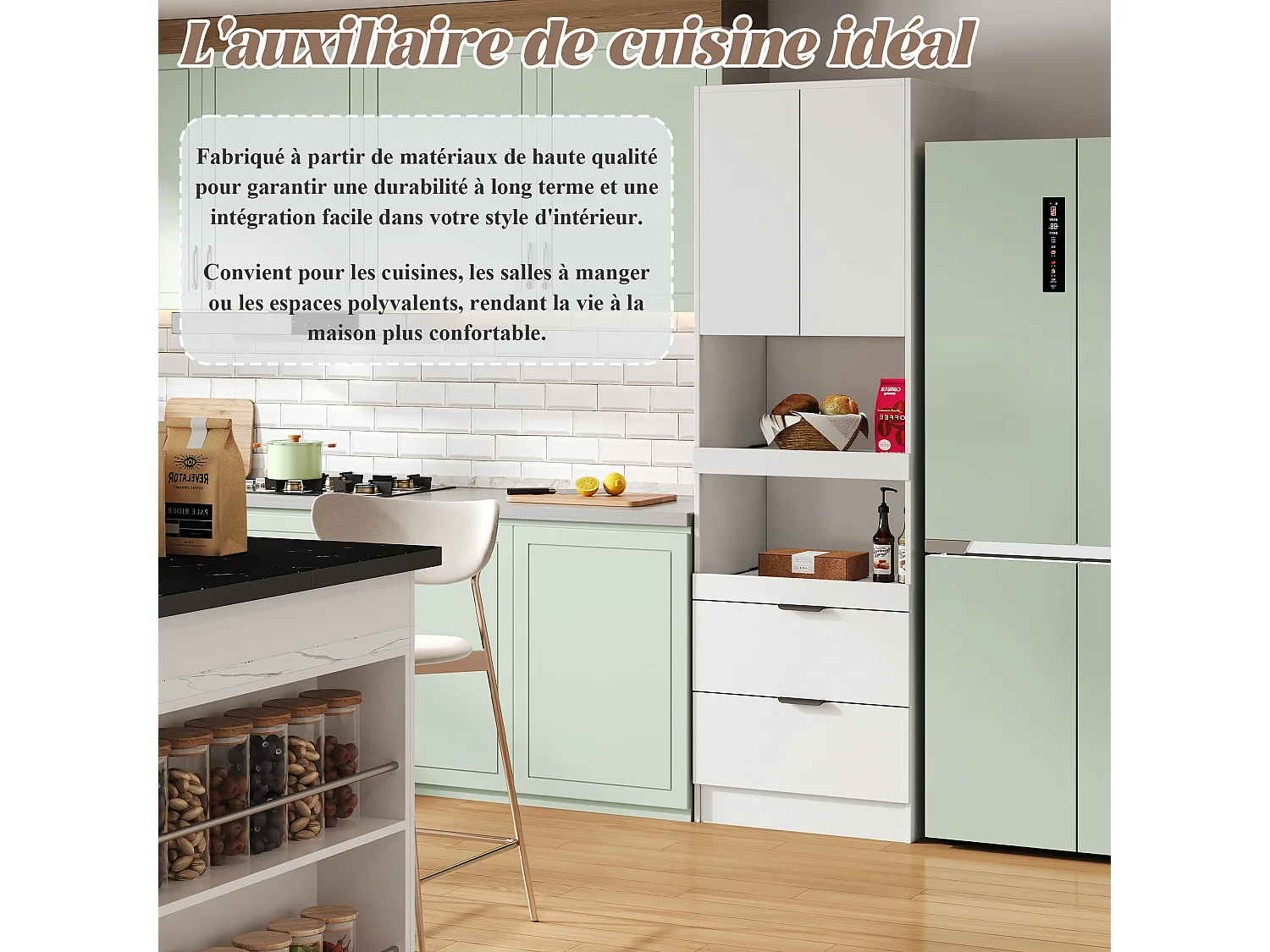 URBAN MEUBLE Armoires de cuisine blanc 2 portes 2 tiroirs 2 autoportantes coulissants 59*45*200cm