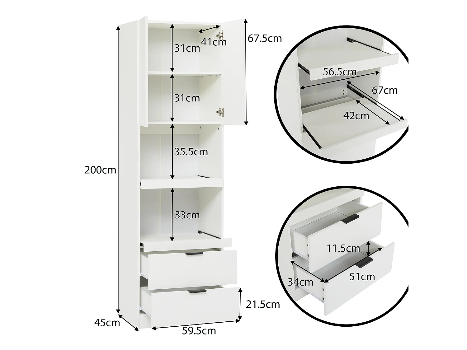 URBAN MEUBLE Armoires de cuisine blanc 2 portes 2 tiroirs 2 autoportantes coulissants 59*45*200cm