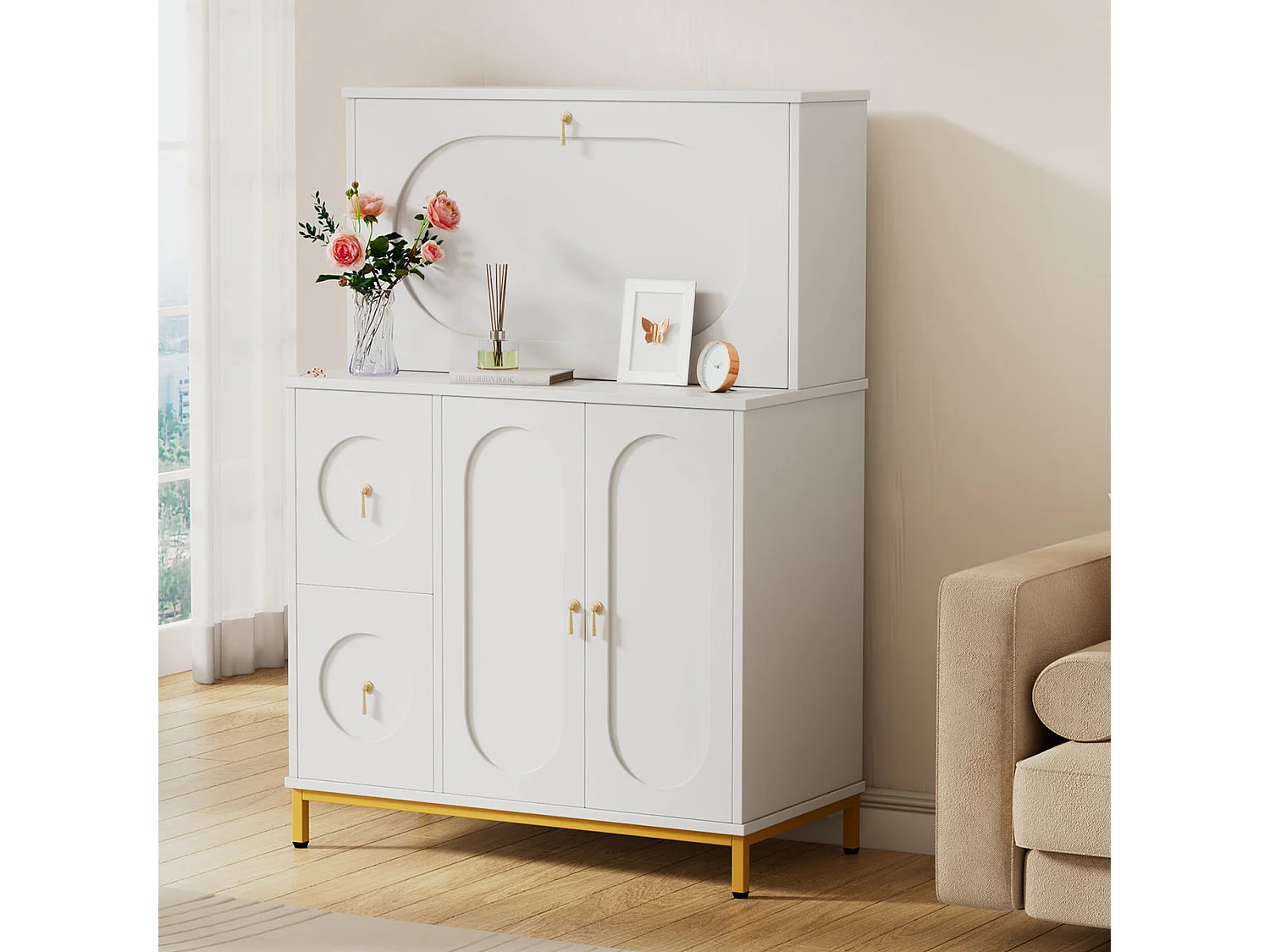 URBAN MEUBLE Buffet haute bureau blanc étagère tablette retractable poignets dorés 100*51*150cm