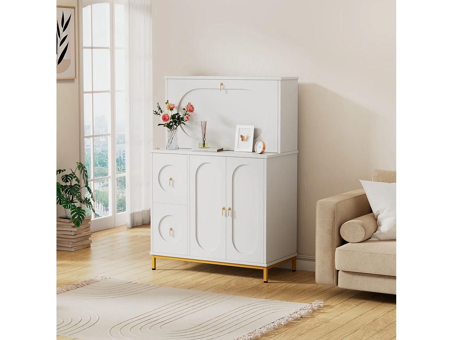 URBAN MEUBLE Buffet haute bureau blanc étagère tablette retractable poignets dorés 100*51*150cm