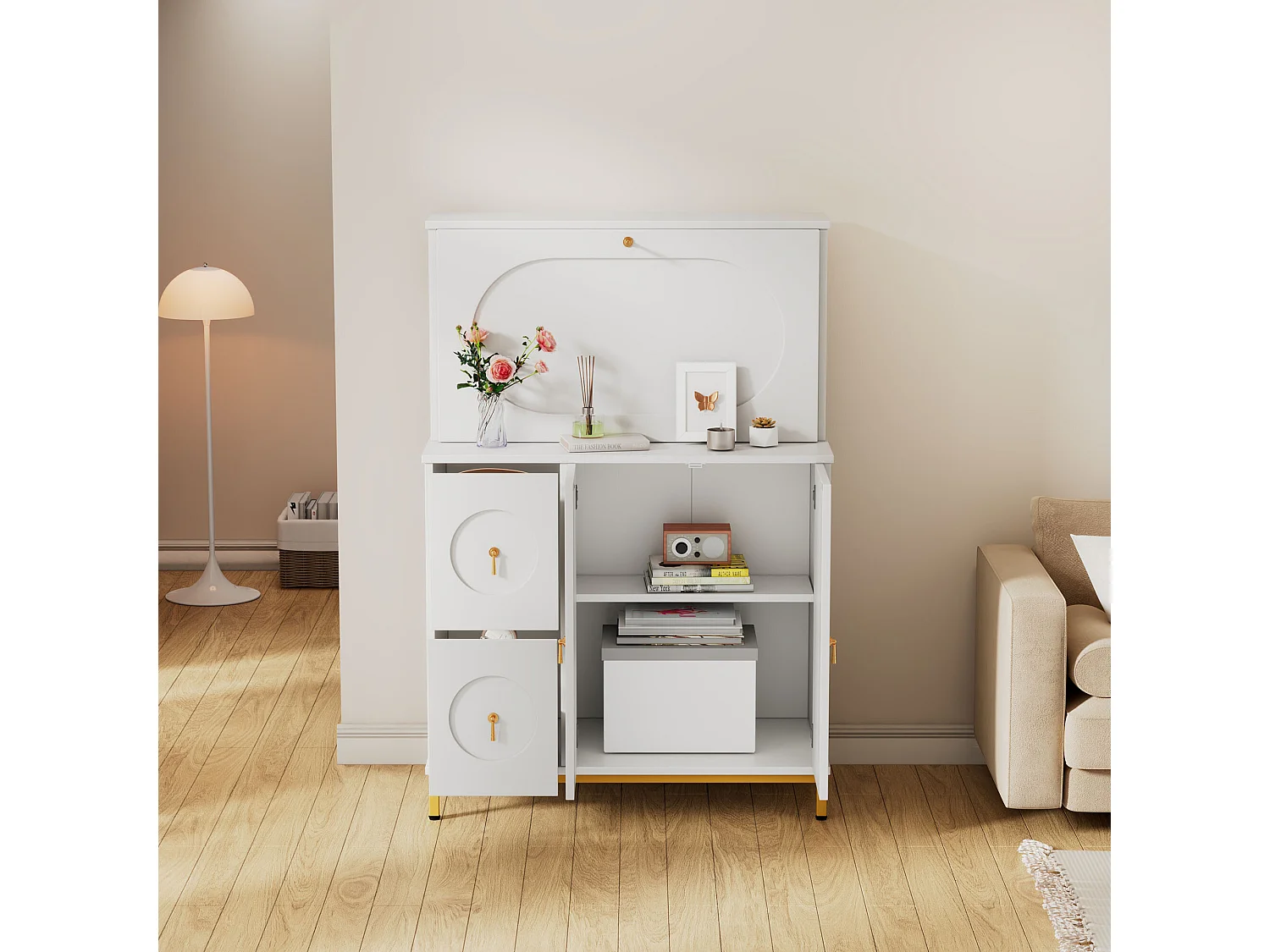 URBAN MEUBLE Buffet haute bureau blanc étagère tablette retractable poignets dorés 100*51*150cm