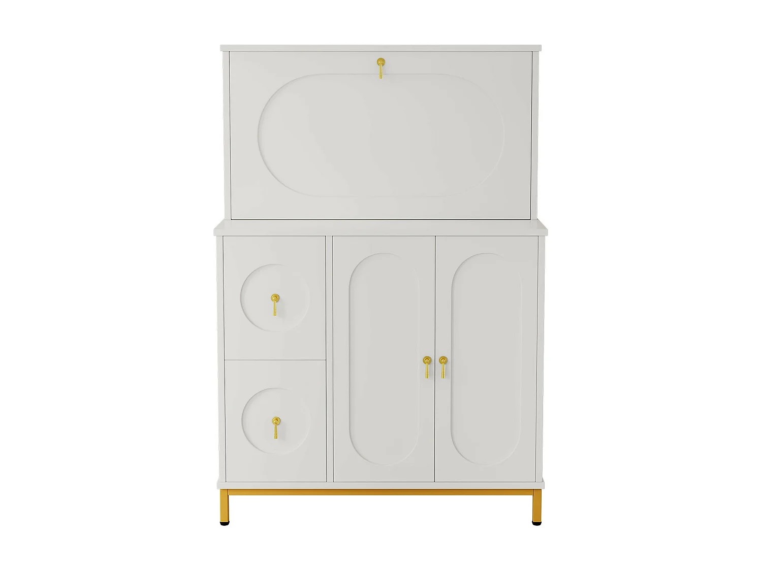 URBAN MEUBLE Buffet haute bureau blanc étagère tablette retractable poignets dorés 100*51*150cm