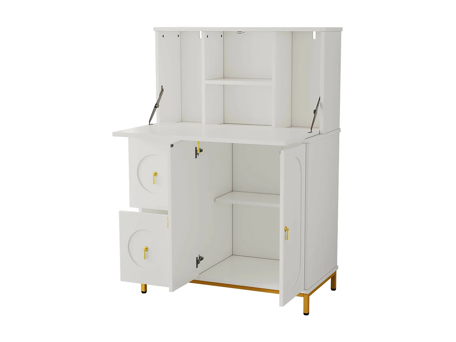 URBAN MEUBLE Buffet haute bureau blanc étagère tablette retractable poignets dorés 100*51*150cm