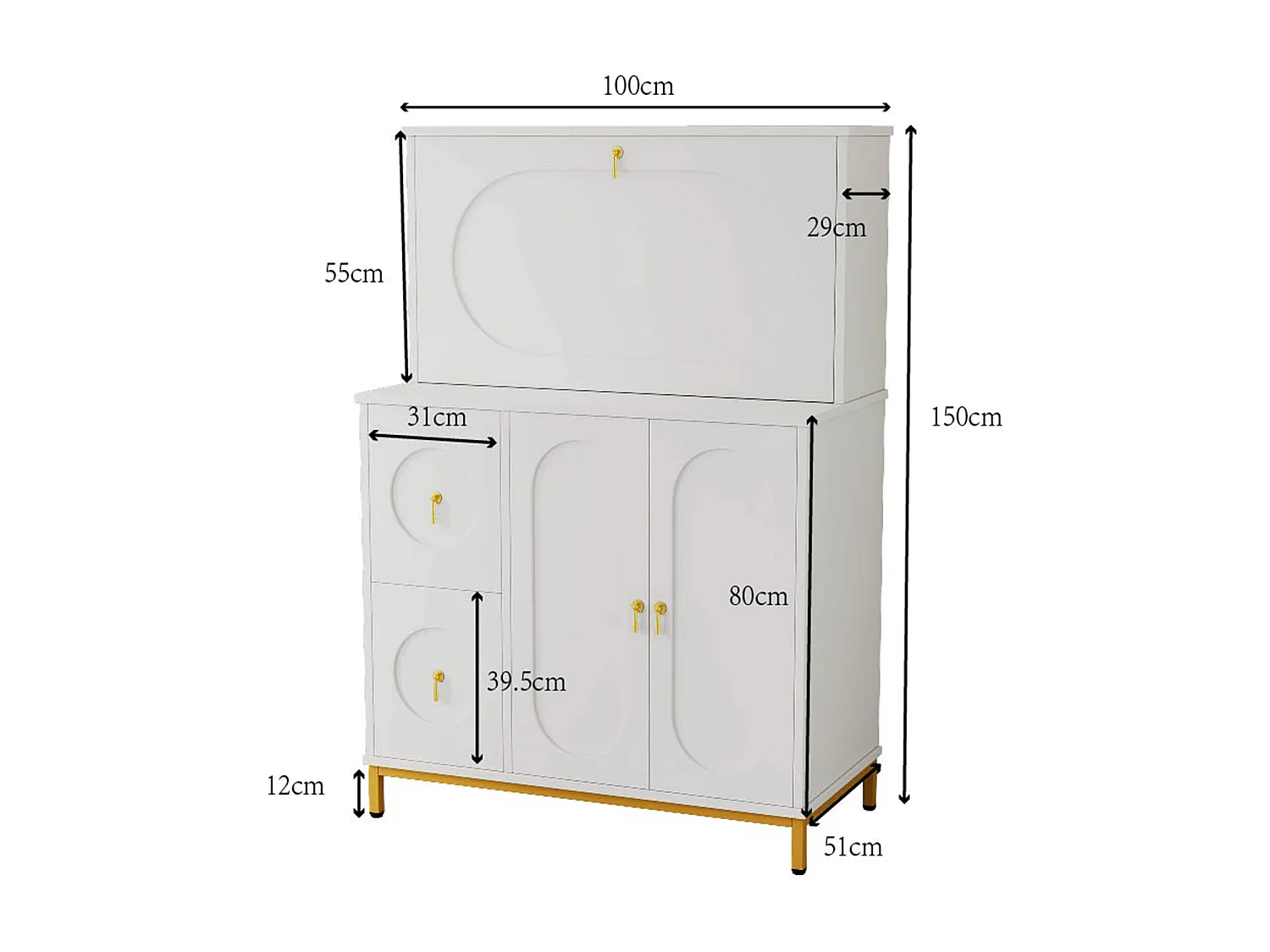 URBAN MEUBLE Buffet haute bureau blanc étagère tablette retractable poignets dorés 100*51*150cm