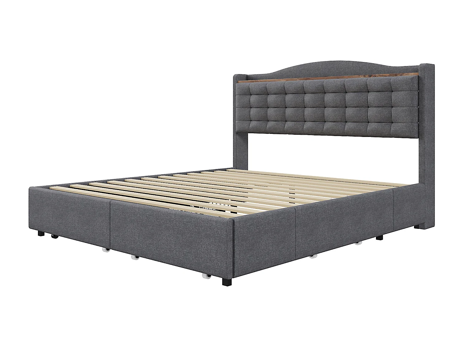 URBAN MEUBLE Lit king lin gris rembourré 4 tiroirs avec 2 prises USB (160*200 cm)