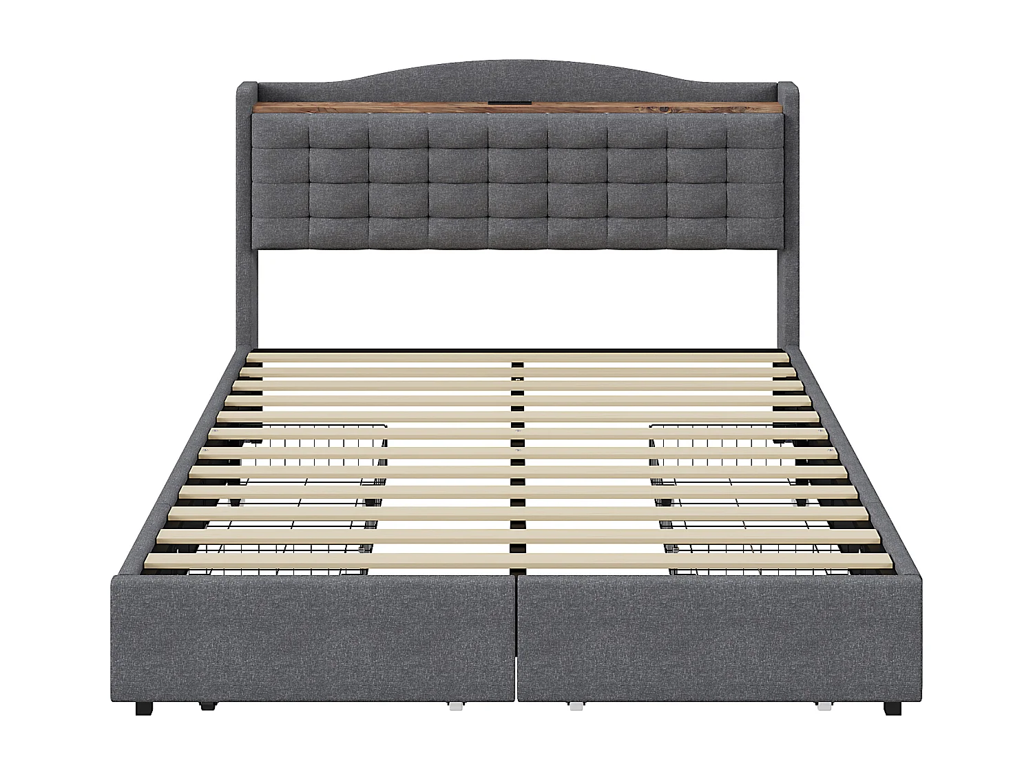 URBAN MEUBLE Lit king lin gris rembourré 4 tiroirs avec 2 prises USB (160*200 cm)