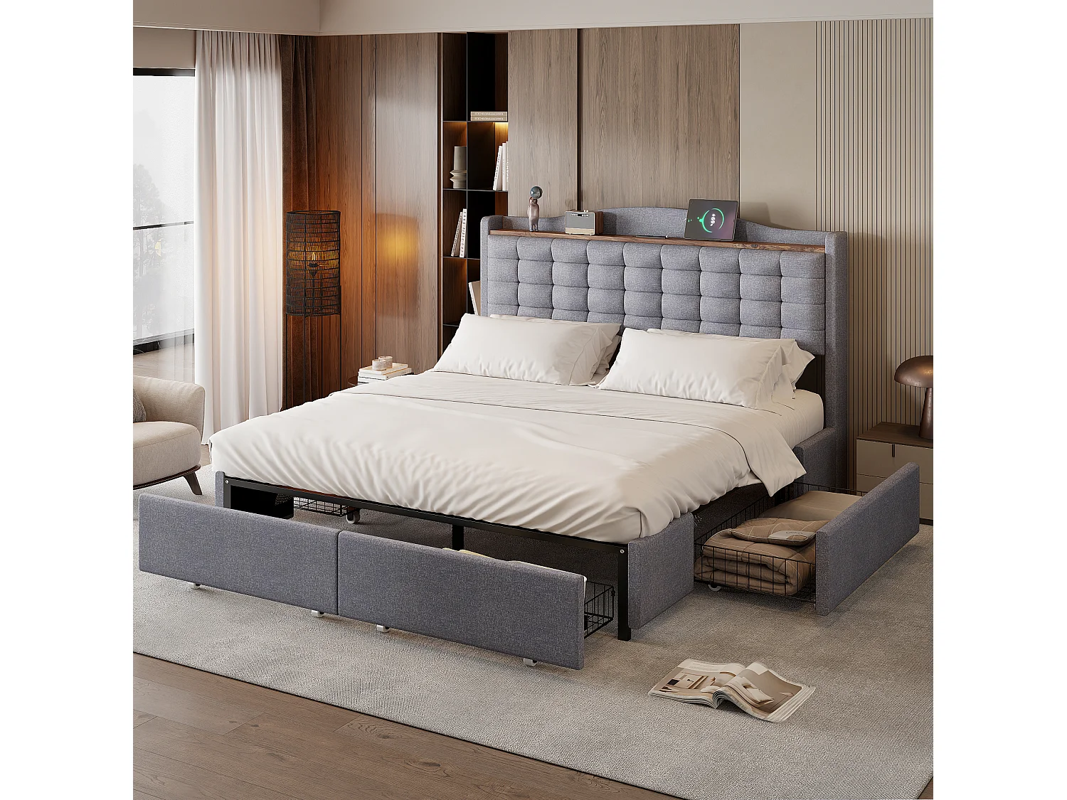 URBAN MEUBLE Lit king lin gris clair rembourré 4 tiroirs avec 2 prises USB (160*200 cm)