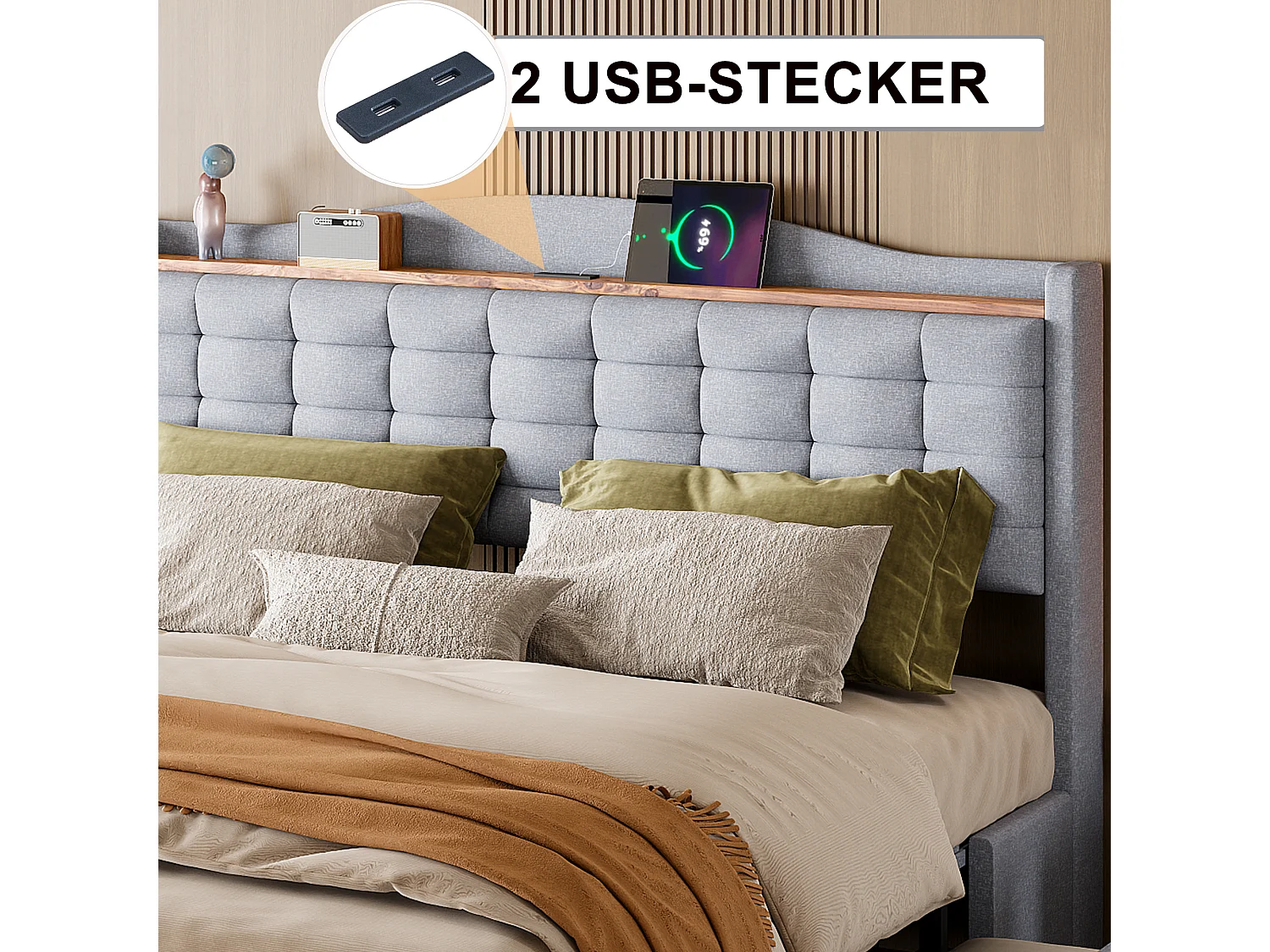 URBAN MEUBLE Lit king lin gris clair rembourré 4 tiroirs avec 2 prises USB (160*200 cm)