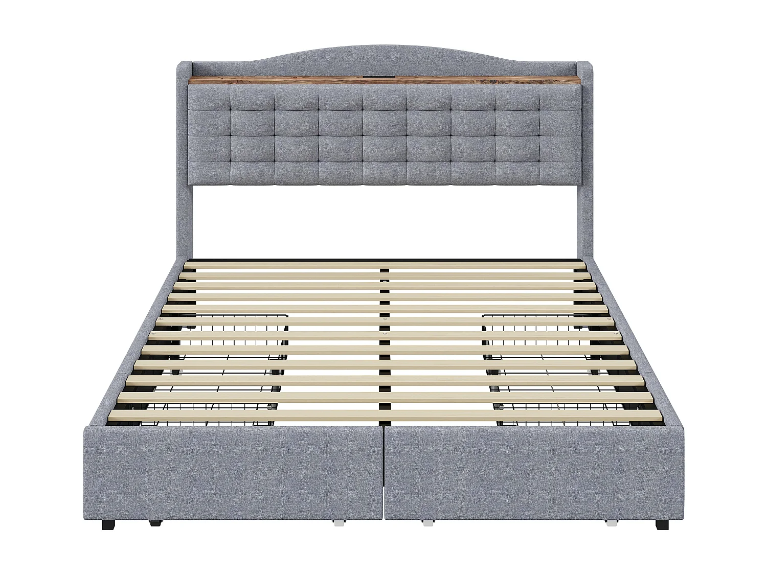 URBAN MEUBLE Lit king lin gris clair rembourré 4 tiroirs avec 2 prises USB (160*200 cm)