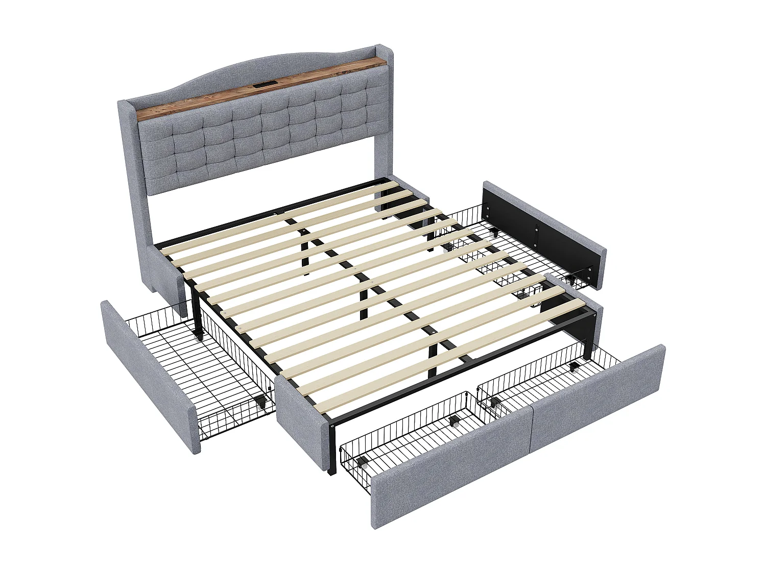 URBAN MEUBLE Lit king lin gris clair rembourré 4 tiroirs avec 2 prises USB (160*200 cm)