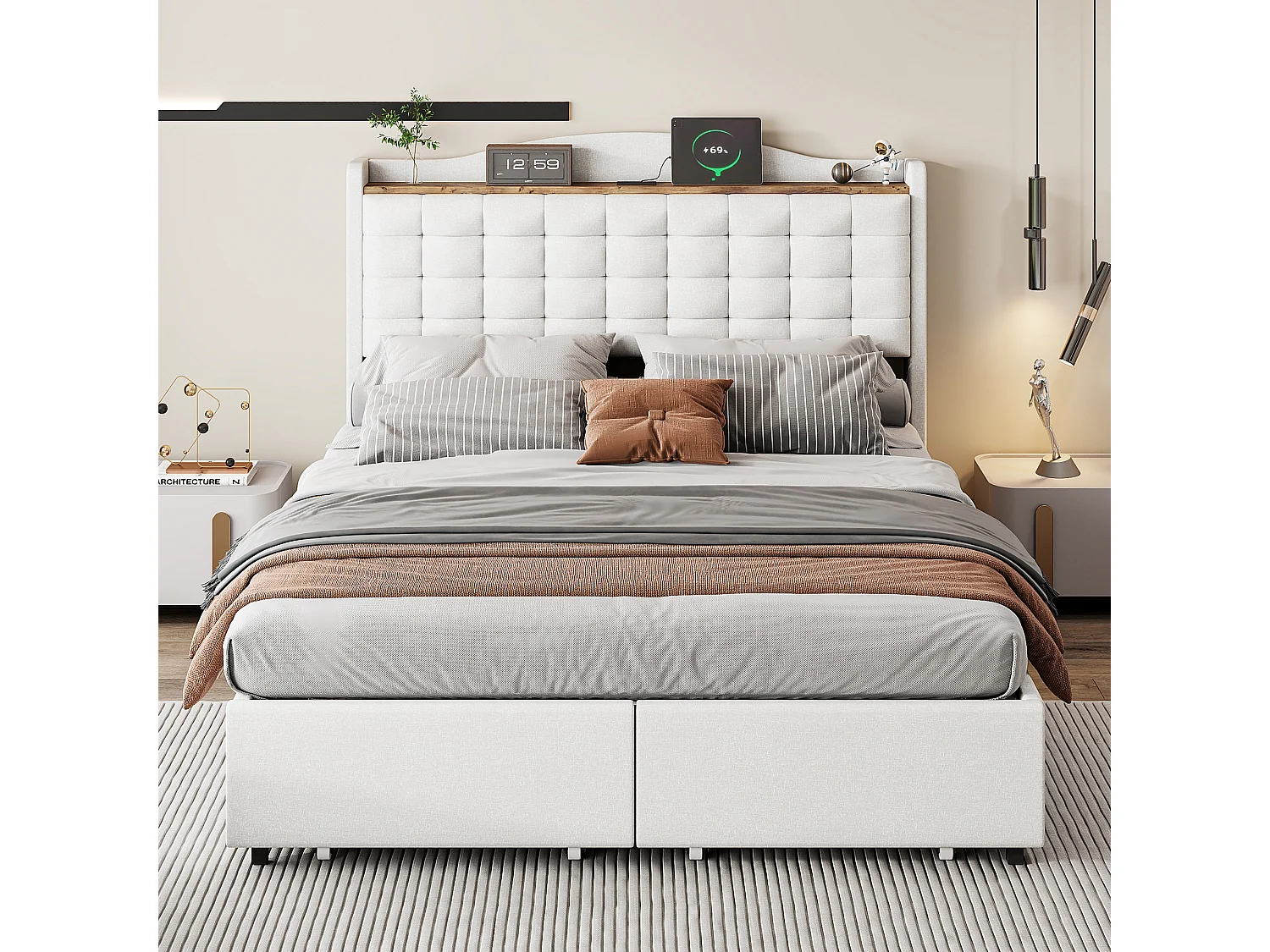 URBAN MEUBLE Lit double lin beige rembourré 4 tiroirs avec 2 prises USB (140*200 cm)