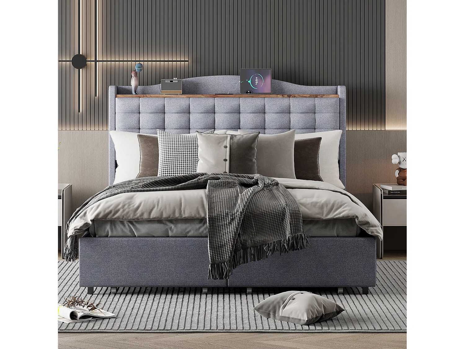 URBAN MEUBLE Lit double lin gris rembourré 4 tiroirs avec 2 prises USB (140*200 cm)