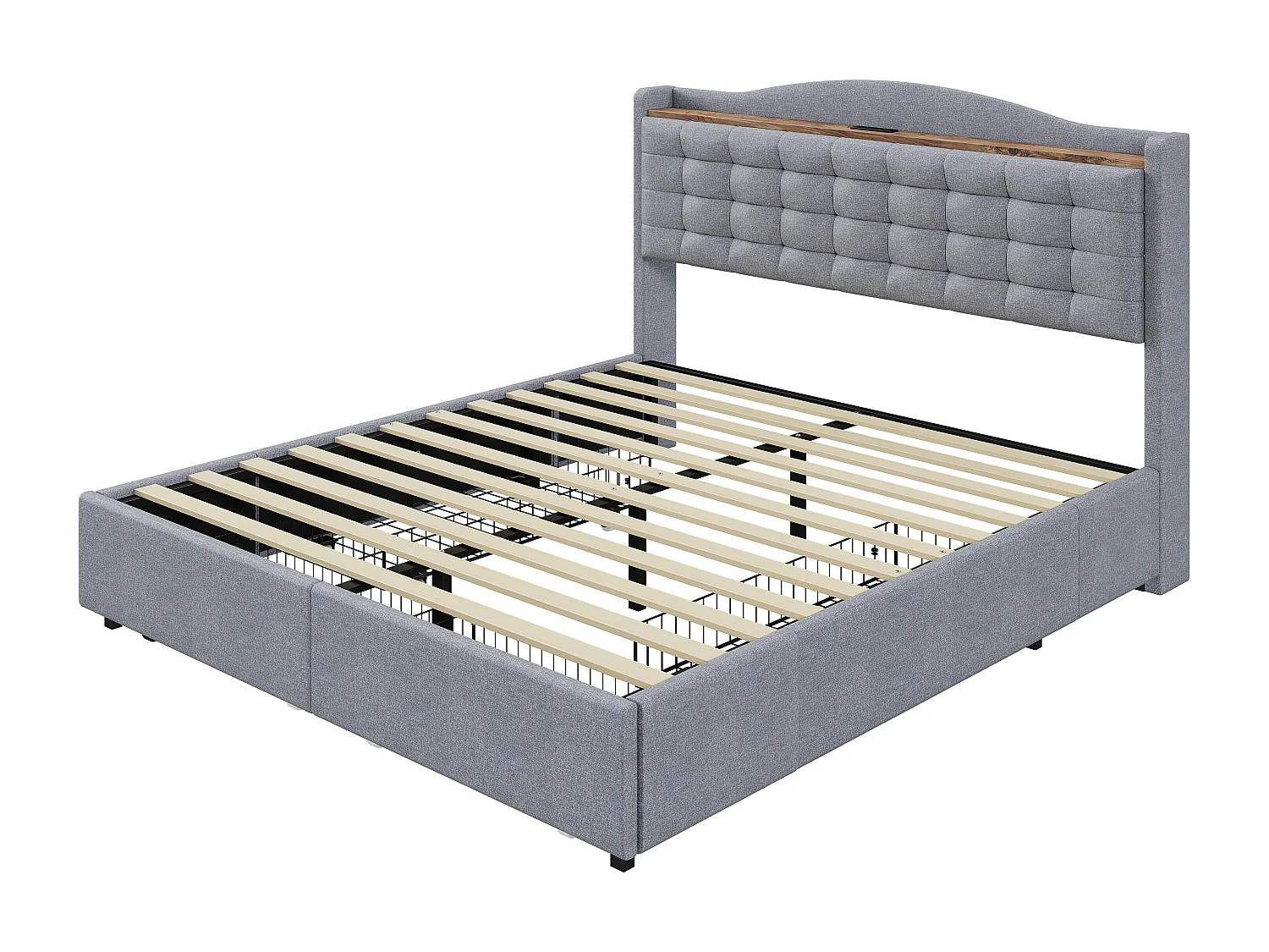 URBAN MEUBLE Lit double lin gris rembourré 4 tiroirs avec 2 prises USB (140*200 cm)