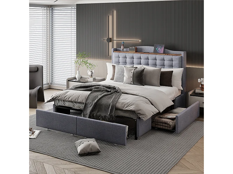 URBAN MEUBLE Lit double lin gris rembourré 4 tiroirs avec 2 prises USB (140*200 cm)