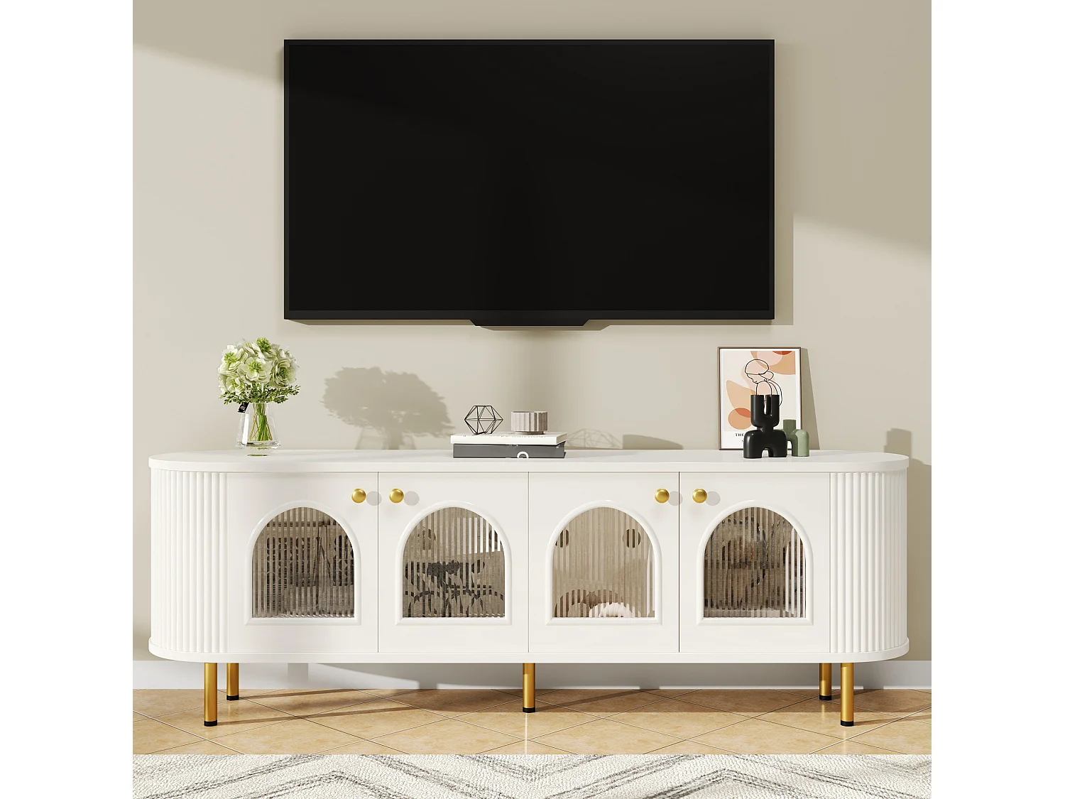 URBAN MEUBLE Meuble TV blanc style bohème cotés arrondis 4 portes en verre poignées et pieds dorés