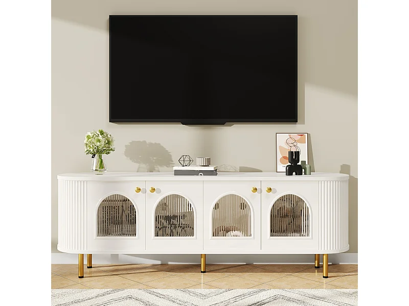 URBAN MEUBLE Meuble TV blanc style bohème cotés arrondis 4 portes en verre poignées et pieds dorés