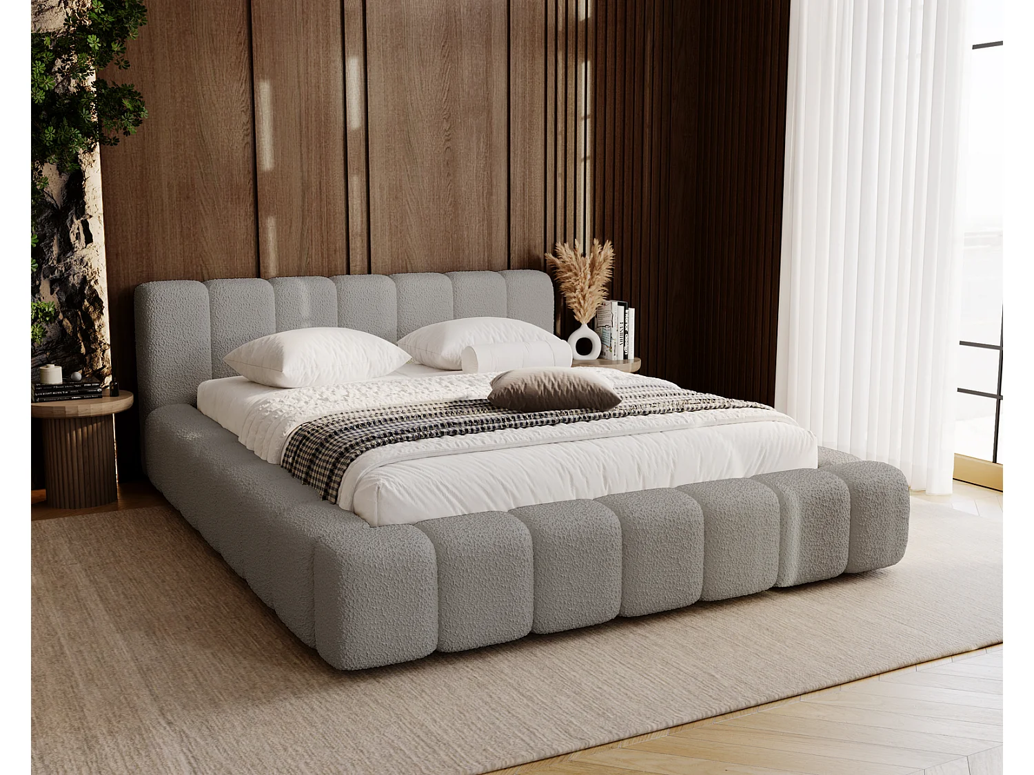 Emporius Bolonia lit capitonné 180x200 - lit bouclé 180x200 avec rangement, sommier à lattes - Gris clair (Anthology 15)