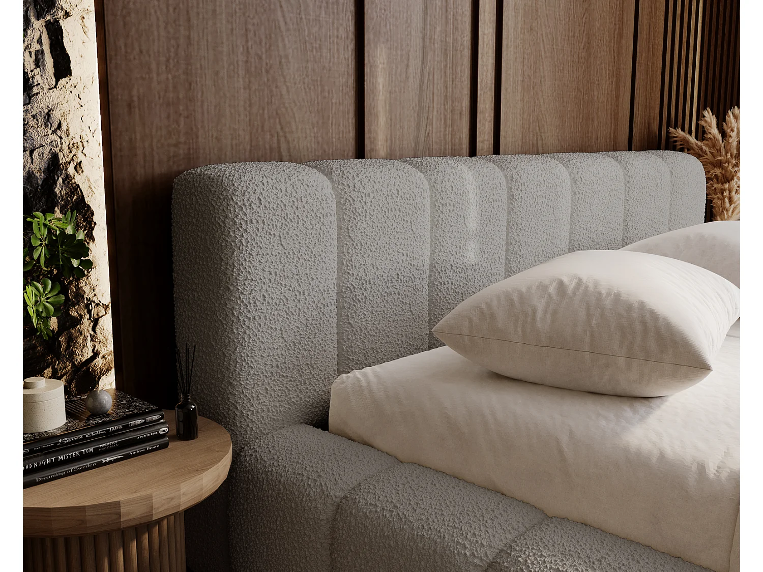 Emporius Bolonia lit capitonné 180x200 - lit bouclé 180x200 avec rangement, sommier à lattes - Gris clair (Anthology 15)