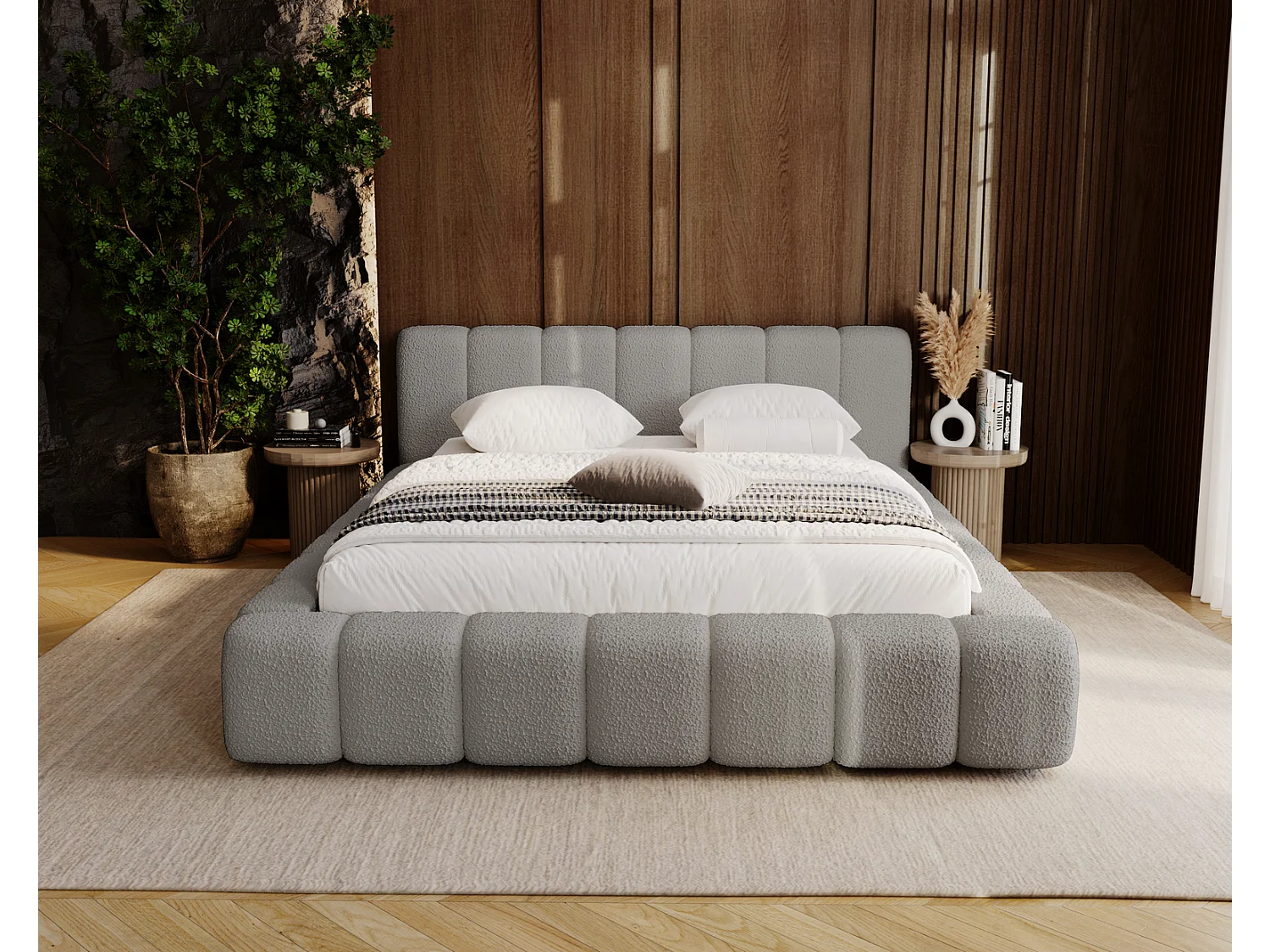 Emporius Bolonia lit capitonné 180x200 - lit bouclé 180x200 avec rangement, sommier à lattes - Gris clair (Anthology 15)