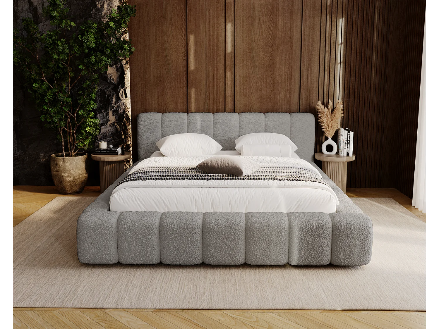 Emporius Bolonia lit capitonné 180x200 - lit bouclé 180x200 avec rangement, sommier à lattes - Gris clair (Anthology 15)