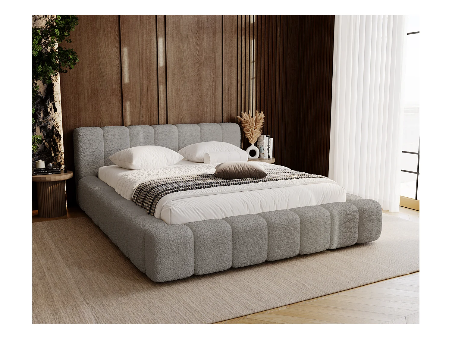 Emporius Bolonia lit capitonné 140x200 - lit bouclé 140x200 avec rangement, sommier à lattes - Gris clair (Anthology 15)
