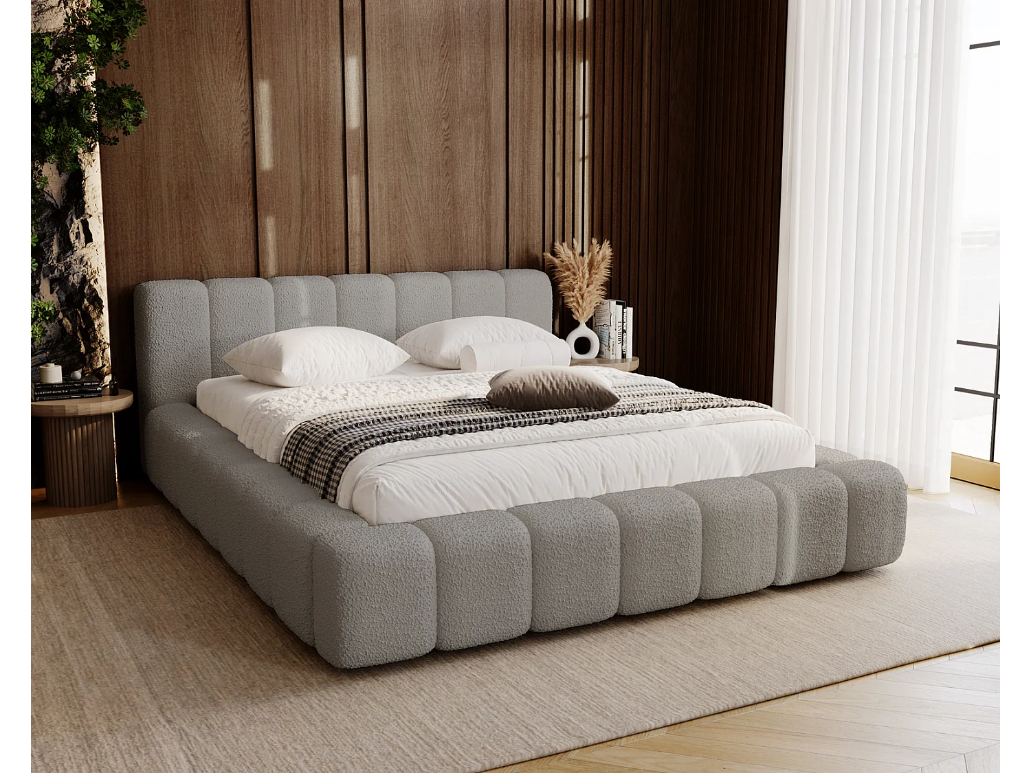 Emporius Bolonia gestoffeerd bed 140 x 200 - bed bouclé 140x200 cm, bed met opbergruimte en bedlade - Lichtgrijs (Anthology 15)