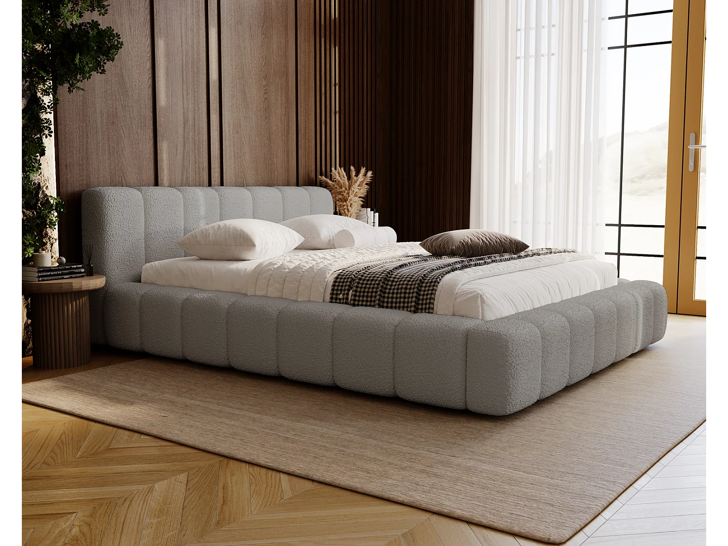 Emporius Bolonia gestoffeerd bed 140 x 200 - bed bouclé 140x200 cm, bed met opbergruimte en bedlade - Lichtgrijs (Anthology 15)