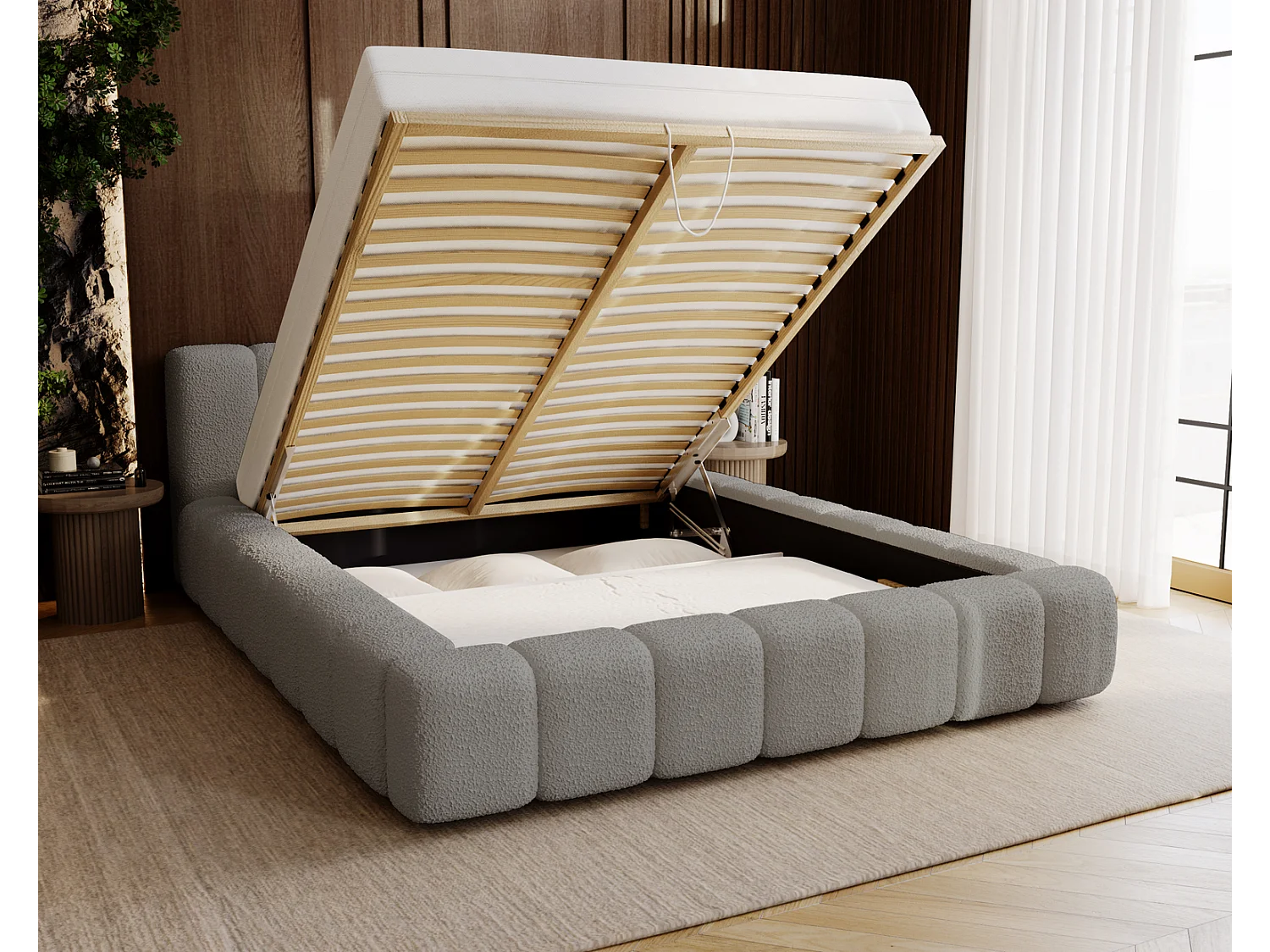 Emporius Bolonia gestoffeerd bed 140 x 200 - bed bouclé 140x200 cm, bed met opbergruimte en bedlade - Lichtgrijs (Anthology 15)