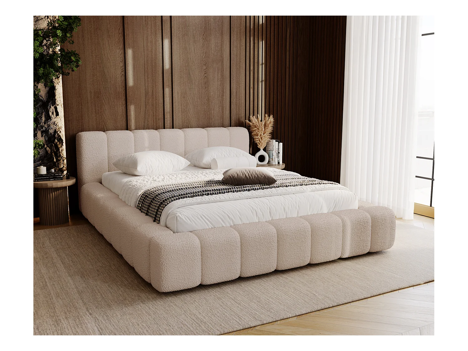 Emporius Bolonia lit capitonné 160x200 - lit bouclé 160x200 avec rangement, sommier à lattes - Beige (Anthology 3)