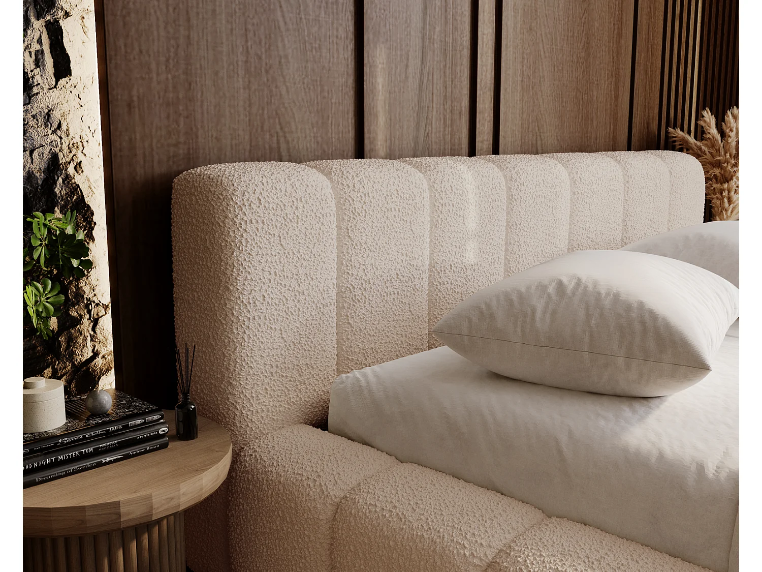 Emporius Bolonia lit capitonné 160x200 - lit bouclé 160x200 avec rangement, sommier à lattes - Beige (Anthology 3)