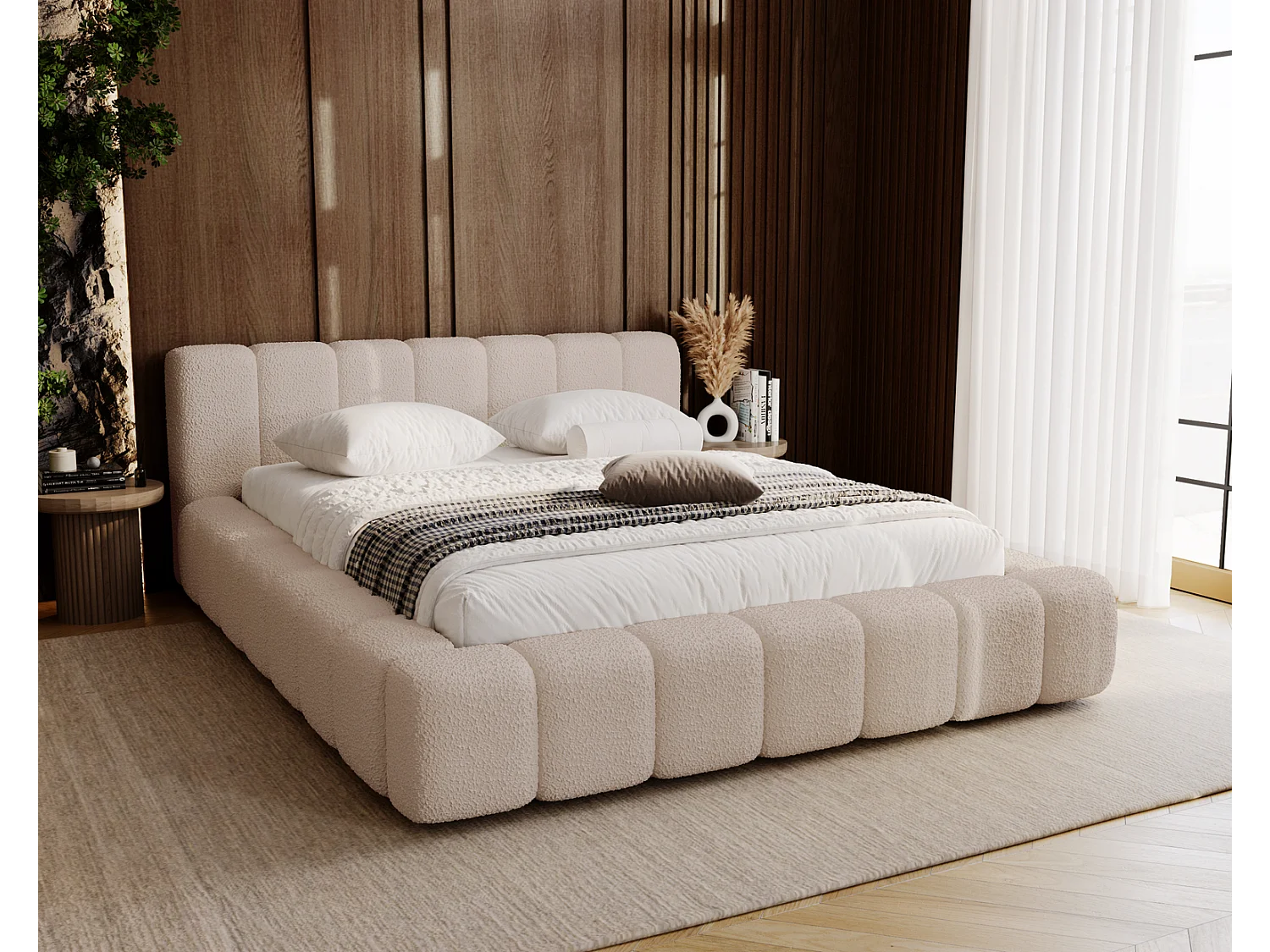 Emporius Bolonia gestoffeerd bed 160 x 200 - bed bouclé 160x200 cm, bed met opbergruimte en bedlade - Beige (Anthology 3)