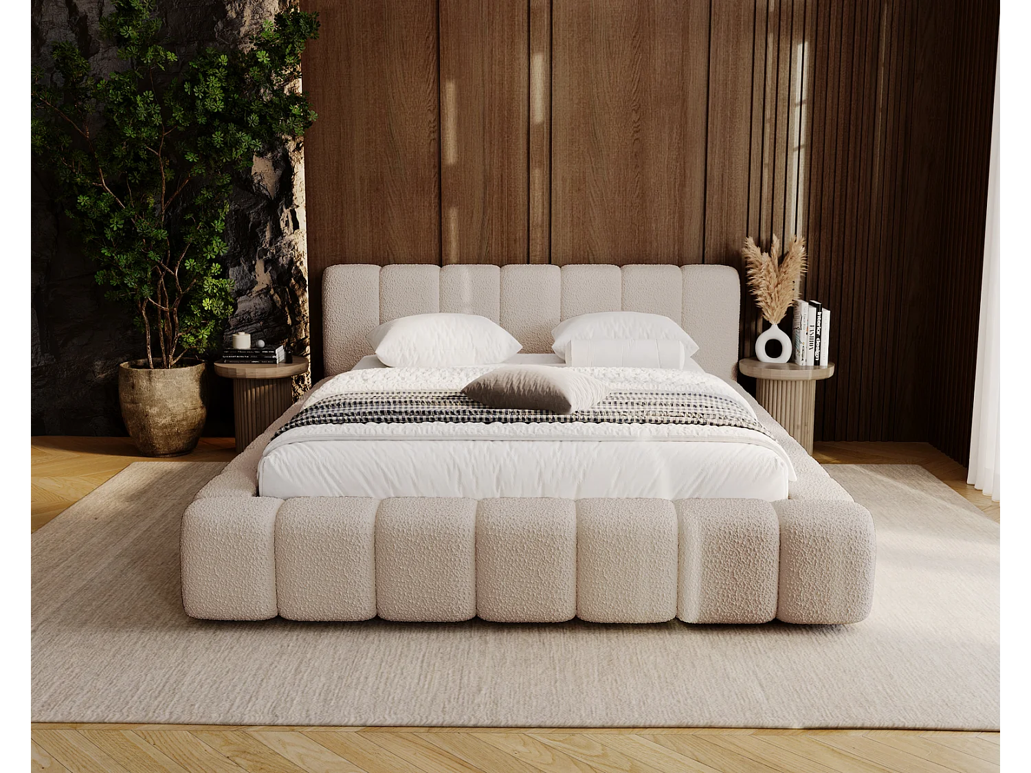 Emporius Bolonia gestoffeerd bed 160 x 200 - bed bouclé 160x200 cm, bed met opbergruimte en bedlade - Beige (Anthology 3)