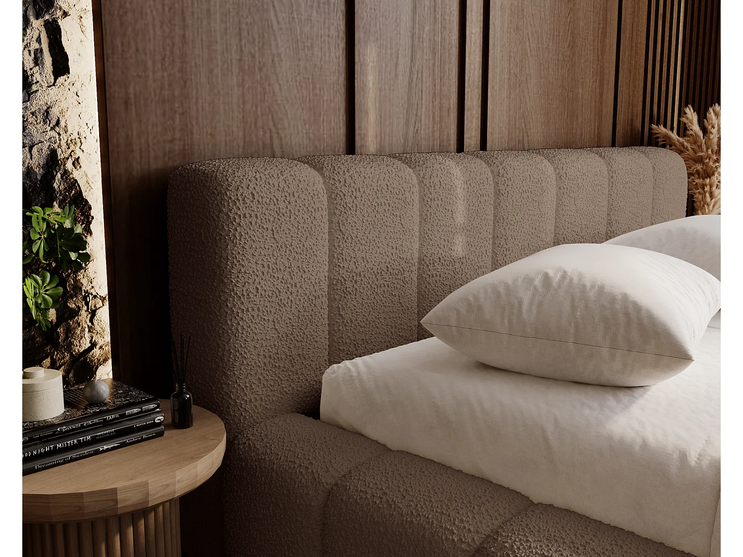 Emporius Bolonia łóżko 160x200 cm - łóżko tapicerowane 160x200 w nowoczesnym stylu - pojemnik, stelaż, gruba pianka, tkanina boucle, brązowy (Anthology 5)