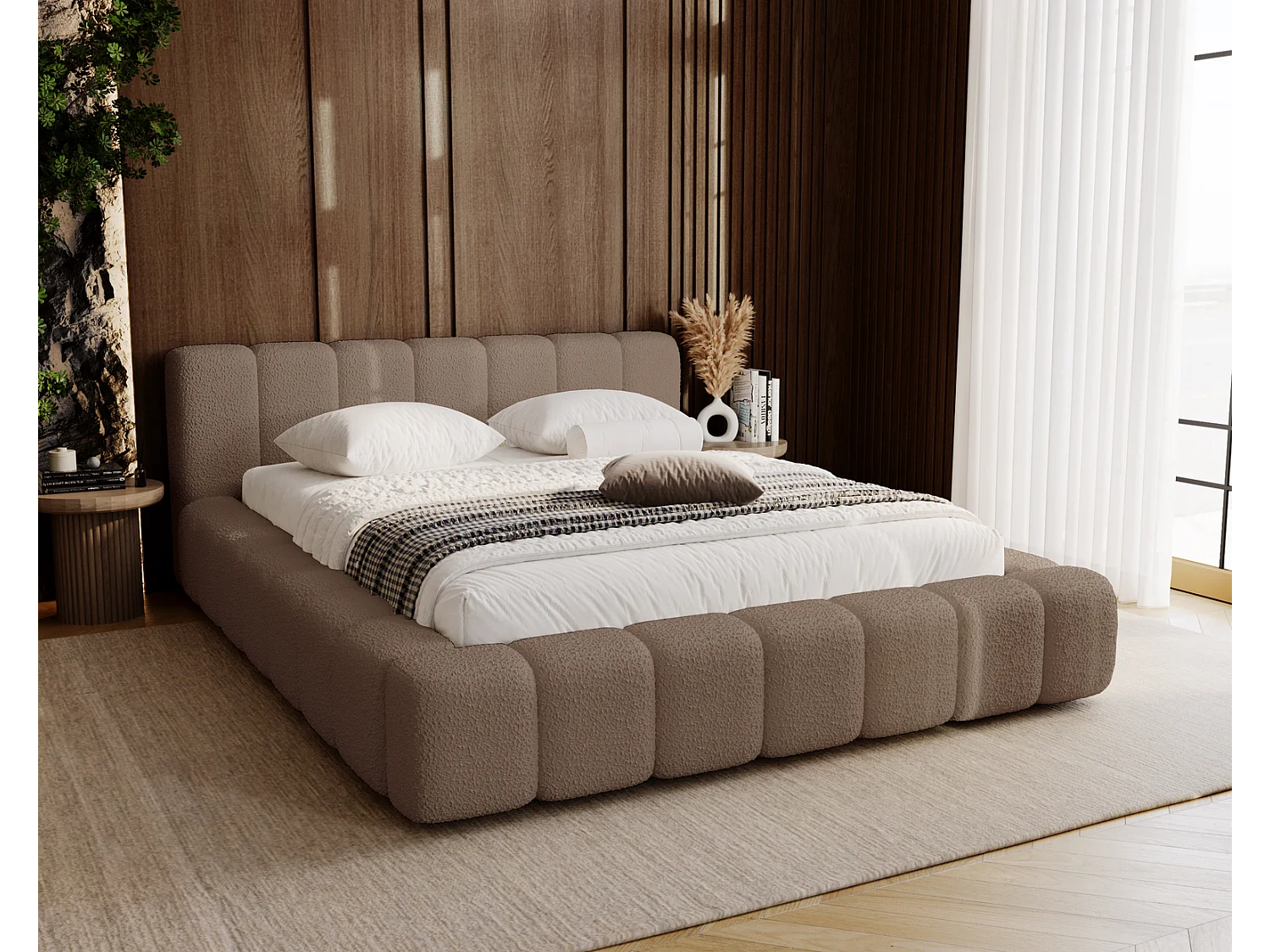 Emporius Bolonia gestoffeerd bed 160 x 200 - bed bouclé 160x200 cm, bed met opbergruimte en bedlade - Bruin (Anthology 5)