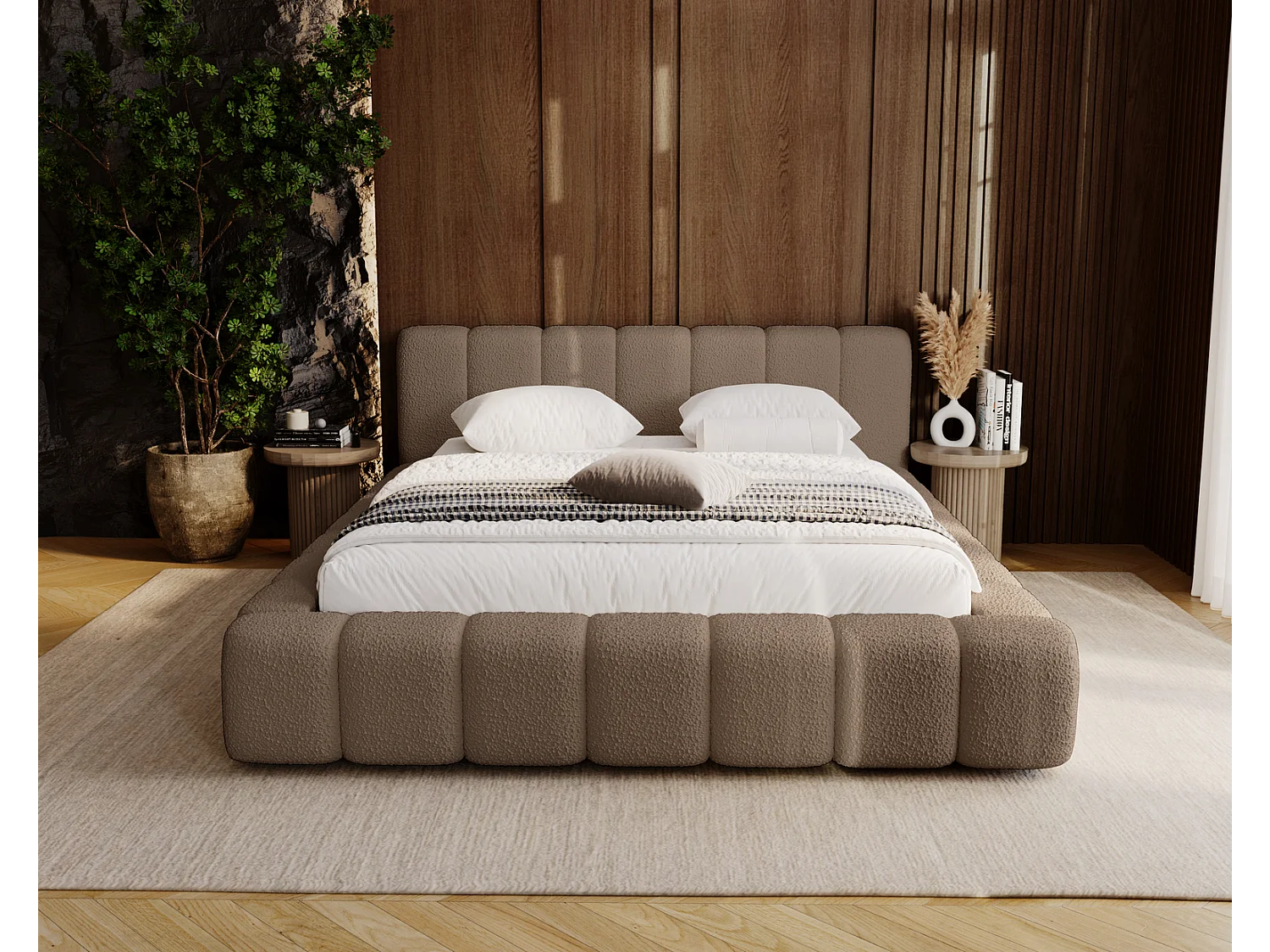 Emporius Bolonia gestoffeerd bed 160 x 200 - bed bouclé 160x200 cm, bed met opbergruimte en bedlade - Bruin (Anthology 5)