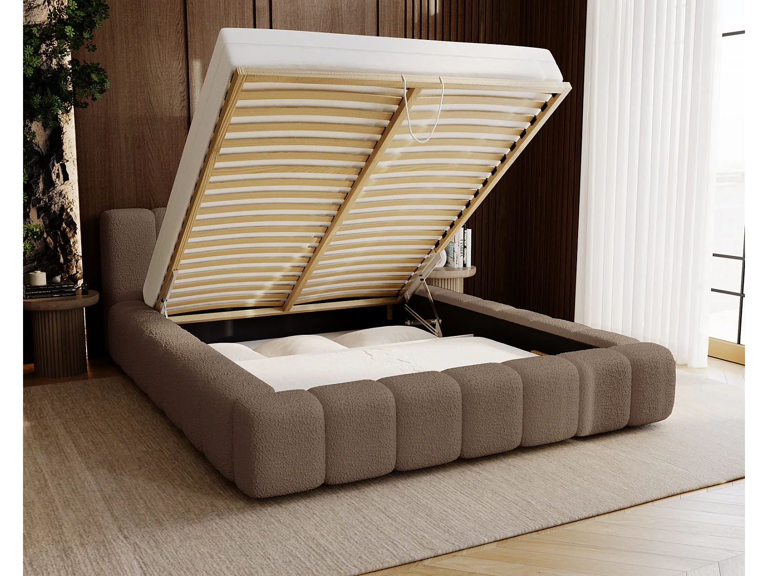 Emporius Bolonia lit capitonné 160x200 - lit bouclé 160x200 avec rangement, sommier à lattes - Brun (Anthology 5)