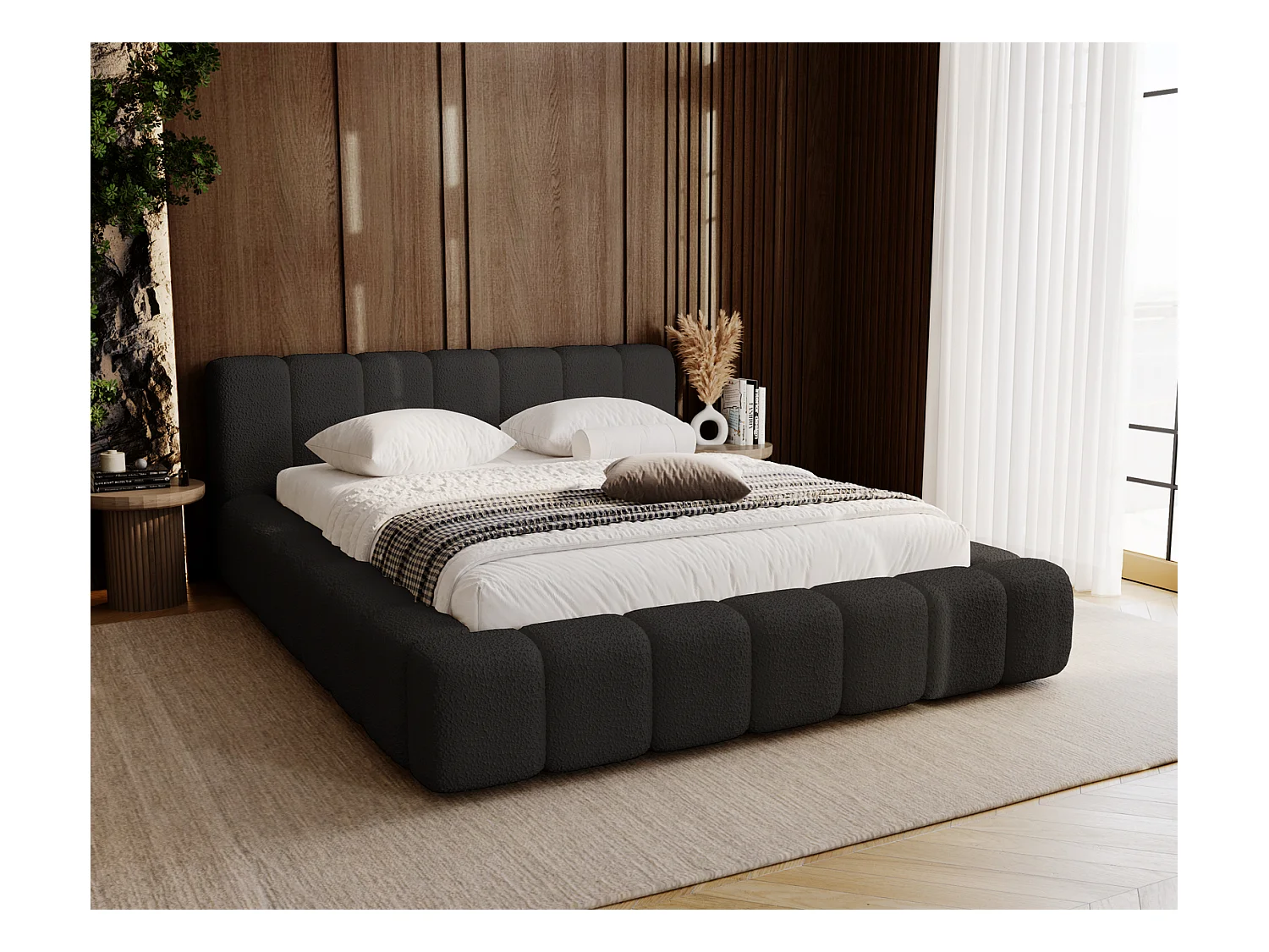 Emporius Bolonia lit capitonné 160x200 - lit bouclé 160x200 avec rangement, sommier à lattes - Noir (Anthology 19)