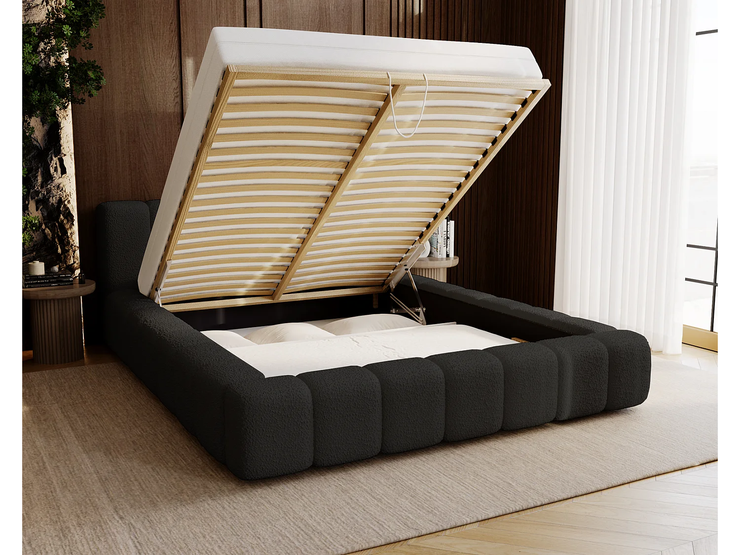 Emporius Bolonia łóżko 180x200 cm - łóżko tapicerowane 180x200 w nowoczesnym stylu - pojemnik, stelaż, gruba pianka, tkanina boucle, czarny (Anthology 19)