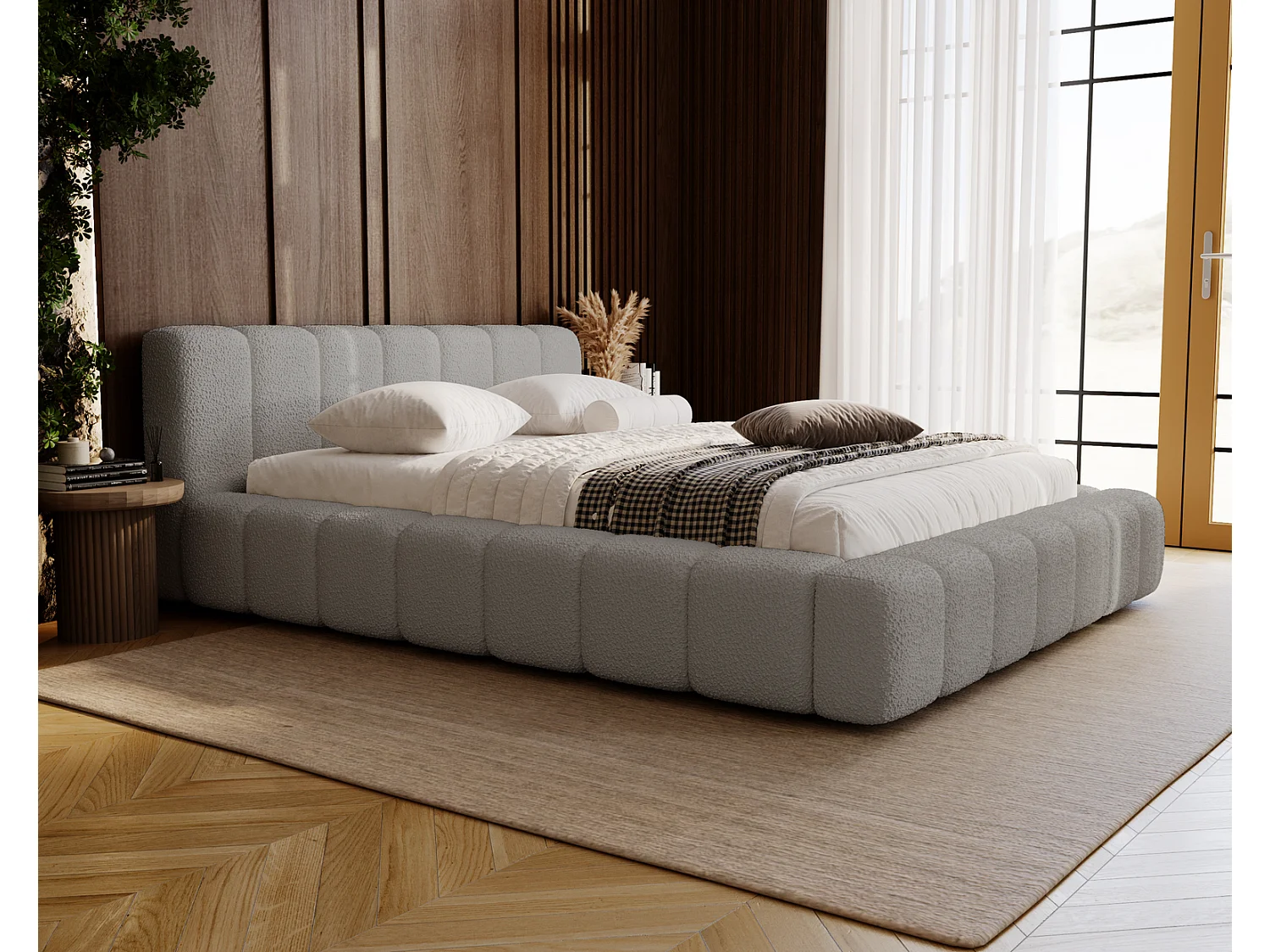 Emporius Bolonia lit capitonné 160x200 - lit bouclé 160x200 avec rangement, sommier à lattes - Gris clair (Anthology 15)