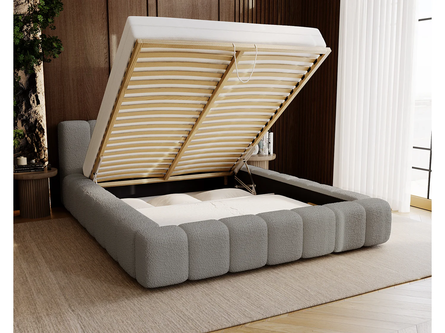 Emporius Bolonia lit capitonné 160x200 - lit bouclé 160x200 avec rangement, sommier à lattes - Gris clair (Anthology 15)