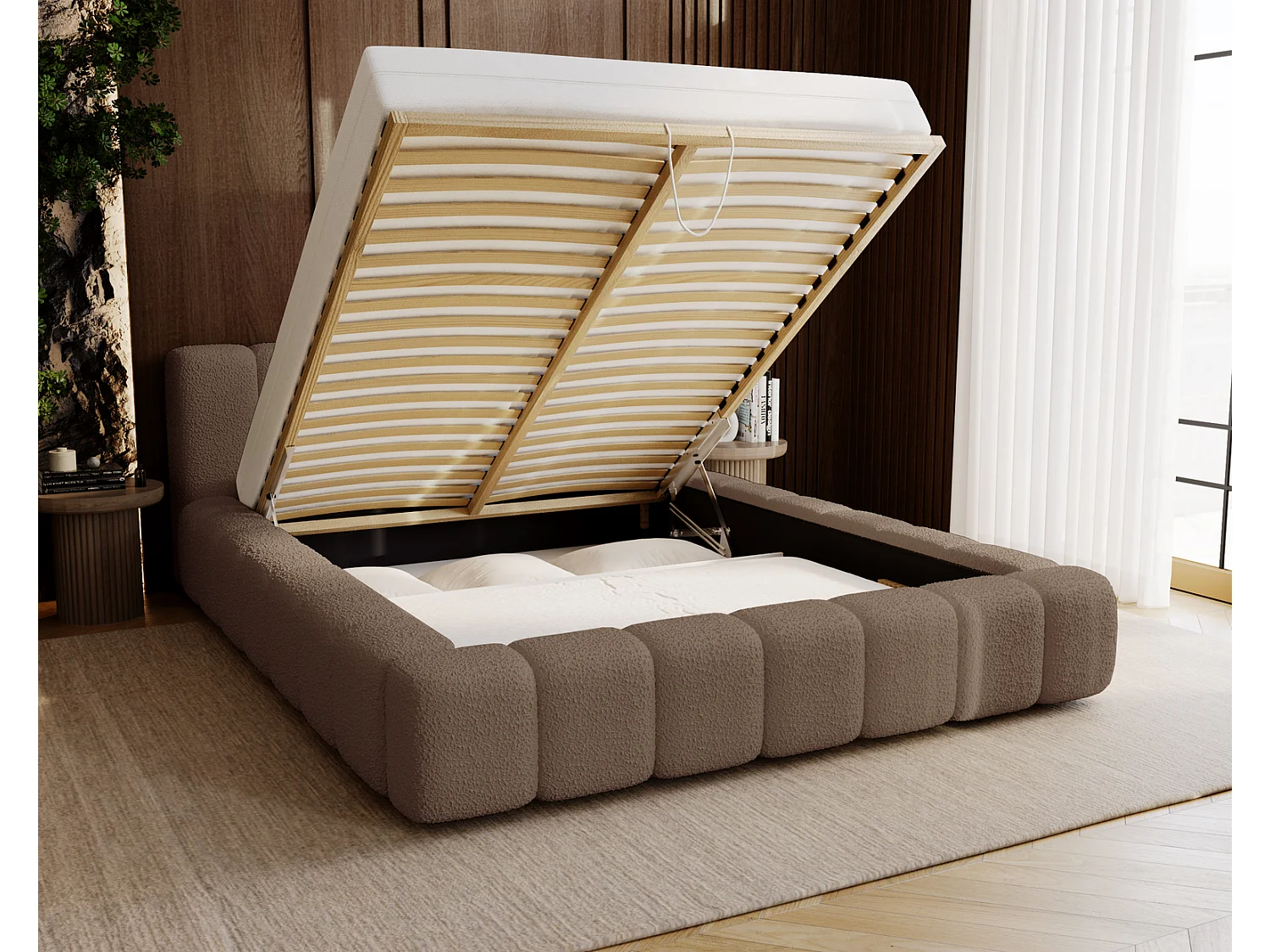 Emporius Bolonia lit capitonné 180x200 - lit bouclé 180x200 avec rangement, sommier à lattes - Brun (Anthology 5)