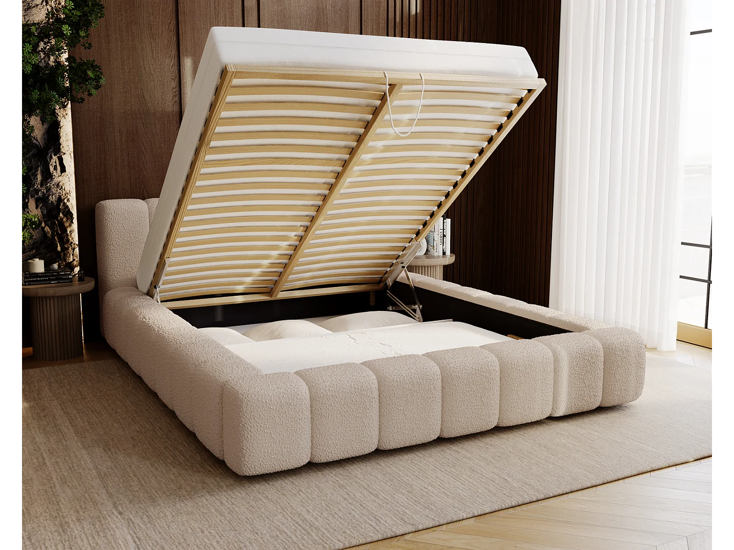 Emporius Bolonia lit capitonné 180x200 - lit bouclé 180x200 avec rangement, sommier à lattes - Beige (Anthology 3)