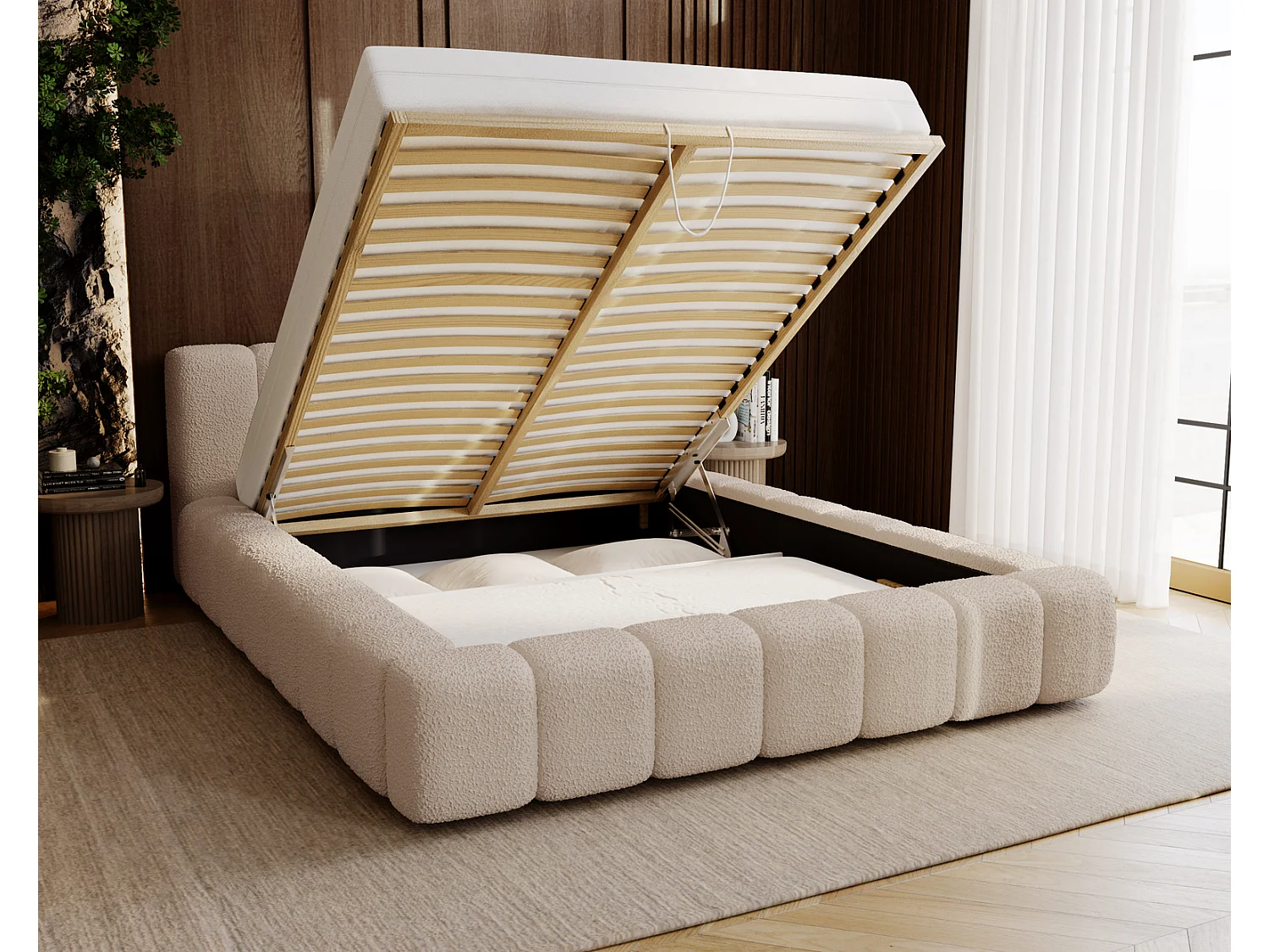 Emporius Bolonia lit capitonné 140x200 - lit bouclé 140x200 avec rangement, sommier à lattes - Beige (Anthology 3)