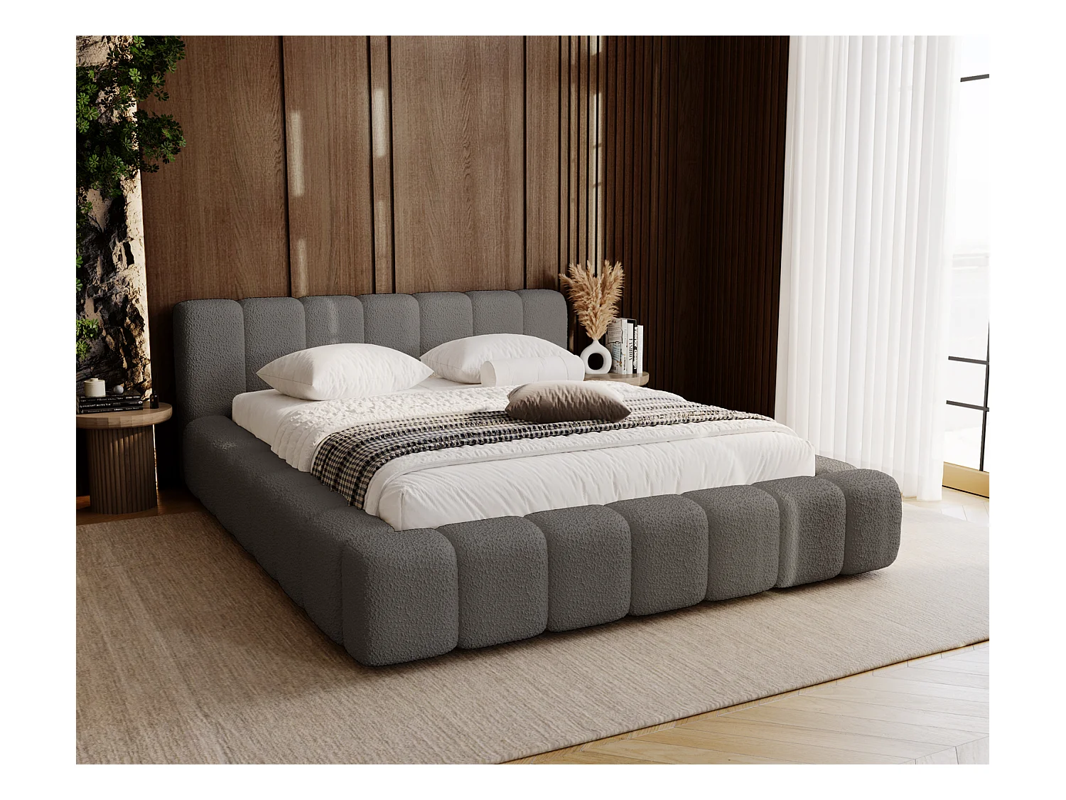 Emporius Bolonia lit capitonné 180x200 - lit bouclé 180x200 avec rangement, sommier à lattes - Gris foncé (Anthology 18)