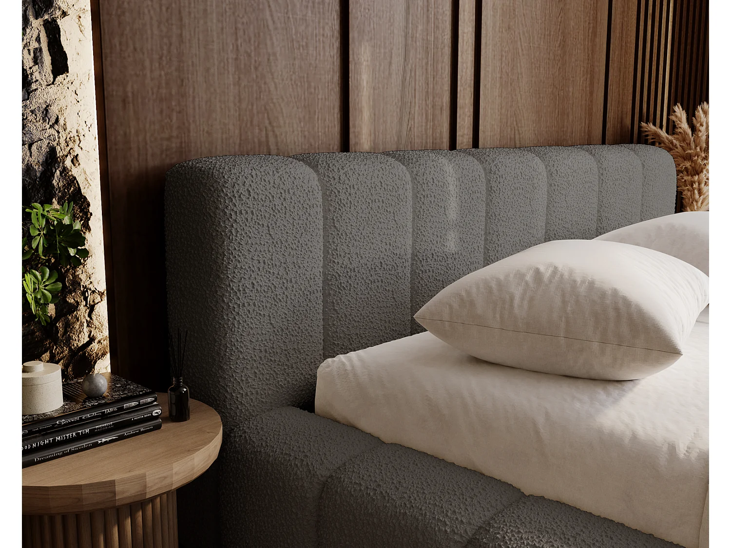 Emporius Bolonia lit capitonné 180x200 - lit bouclé 180x200 avec rangement, sommier à lattes - Gris foncé (Anthology 18)